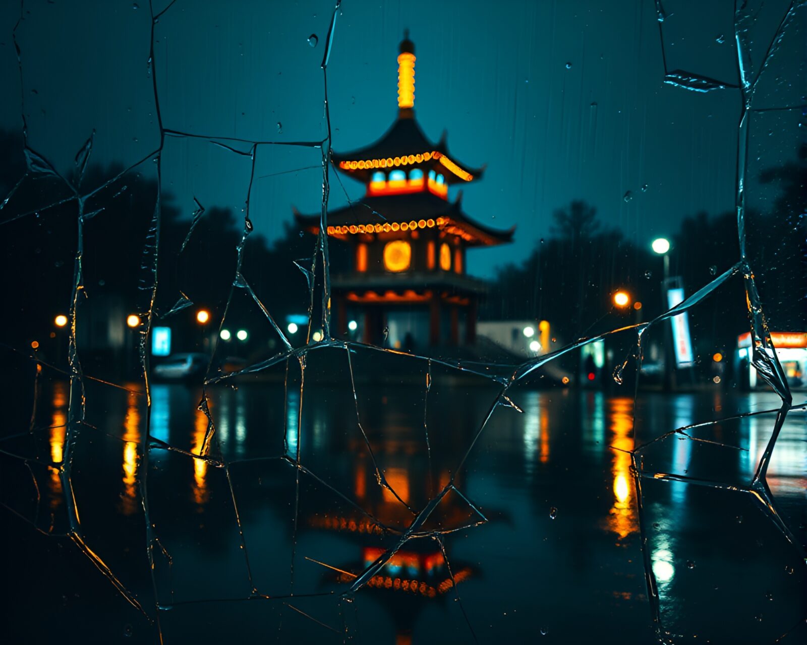 Serene pagoda in broken glass reflection under rainy skies