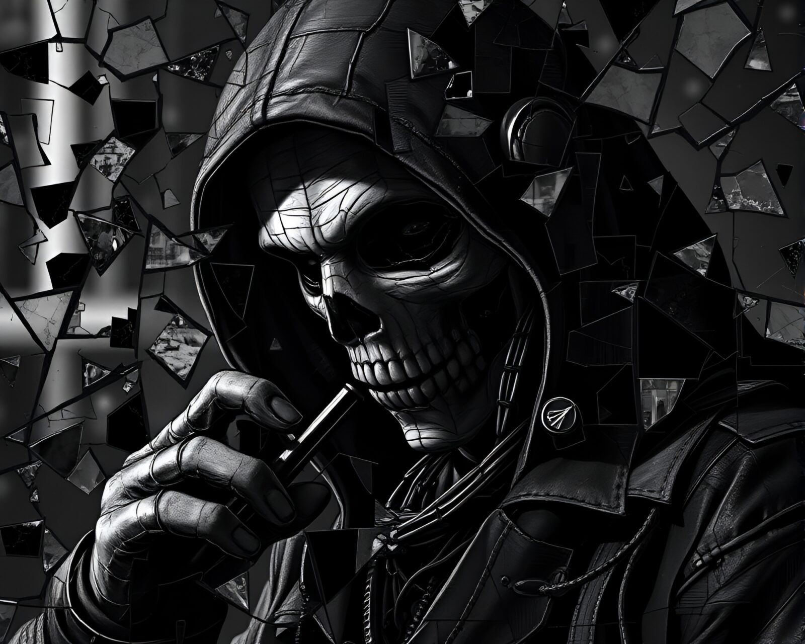 A broken mosaic of a cyberpunk vigilante in shades of gray