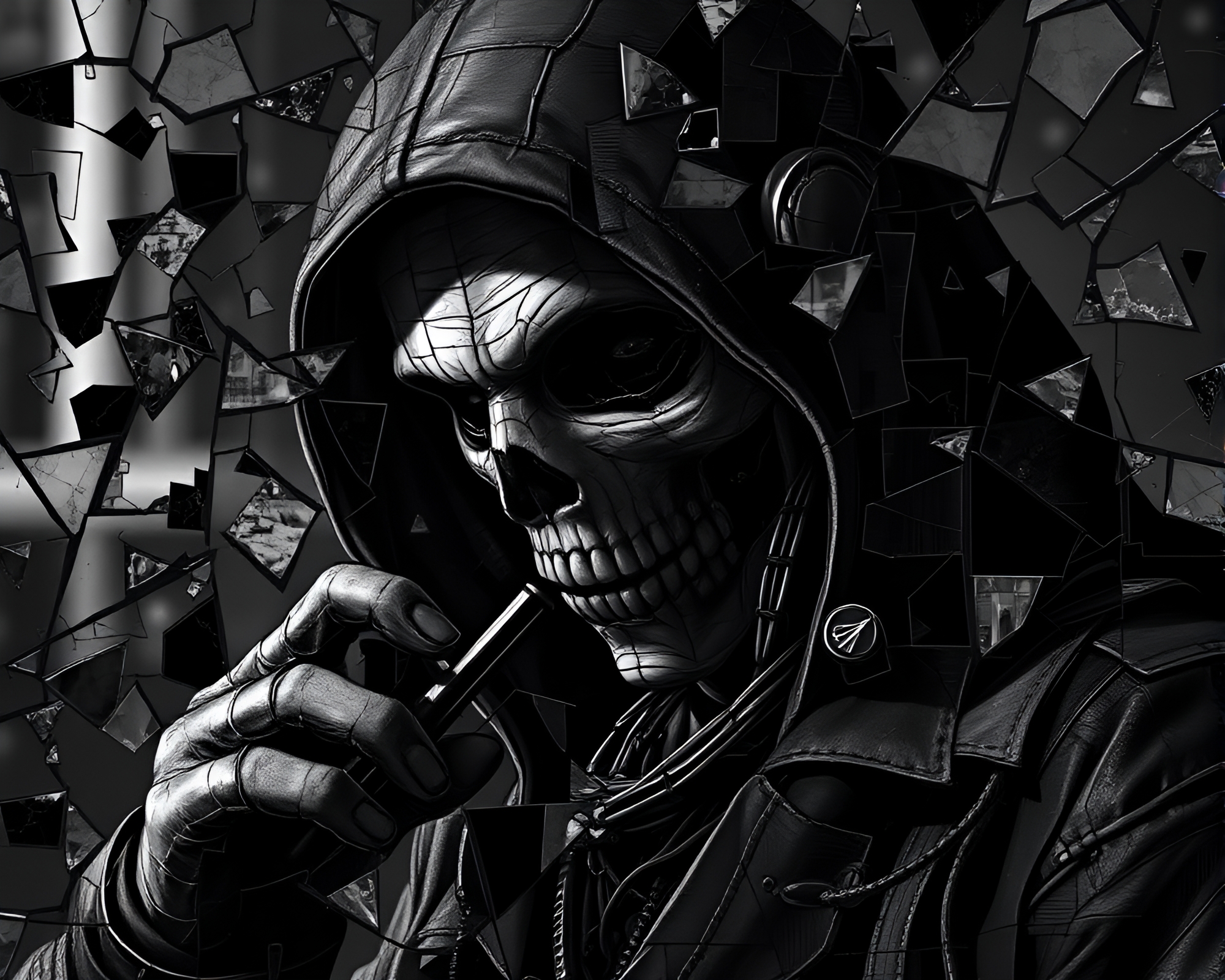 Cyberpunk Vigilante in Monochrome Necromantic Mosaic – free AI stock image
