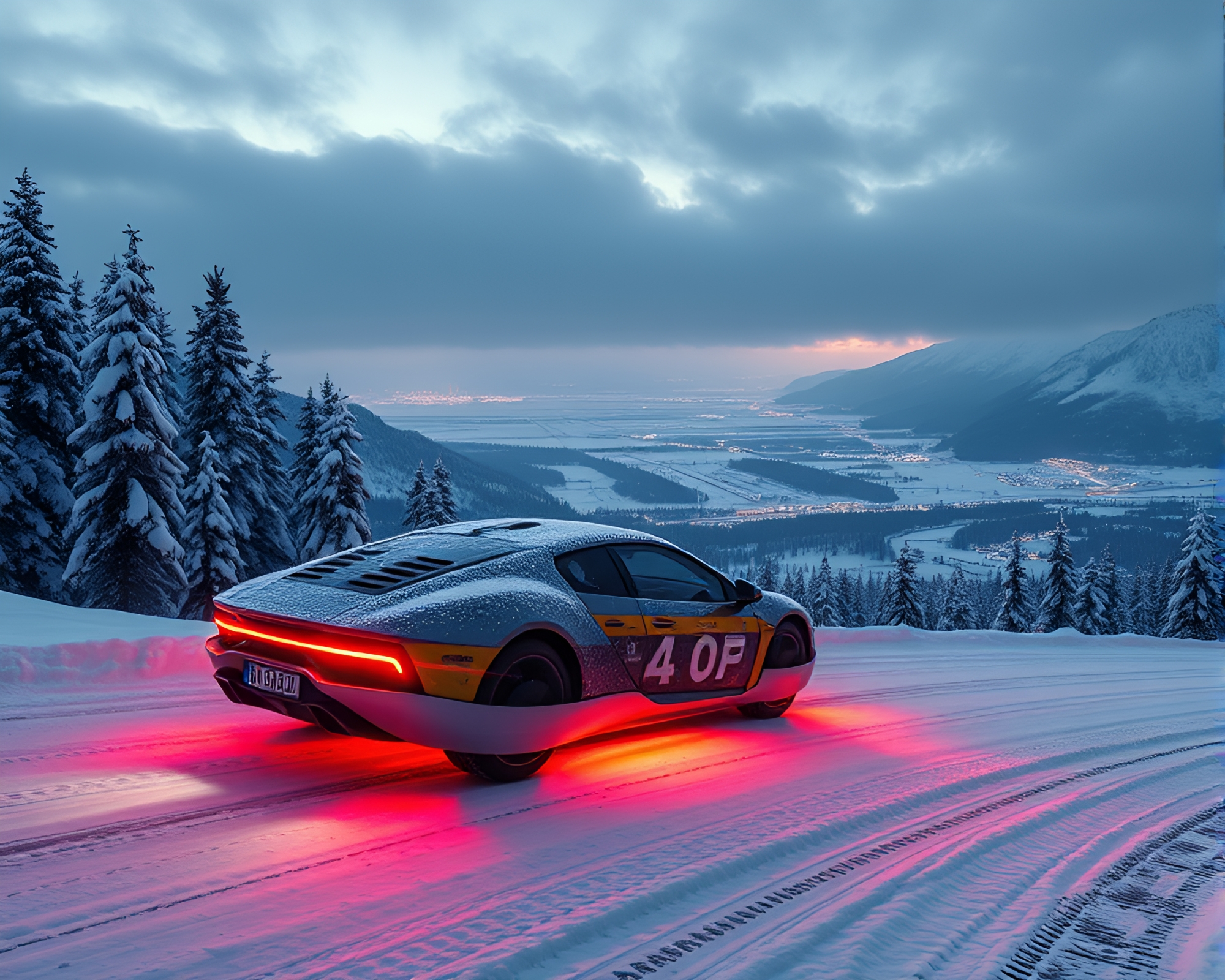 Futuristic Hover Car Gliding Through Snowy Pop Art Landscape – free AI stock image
