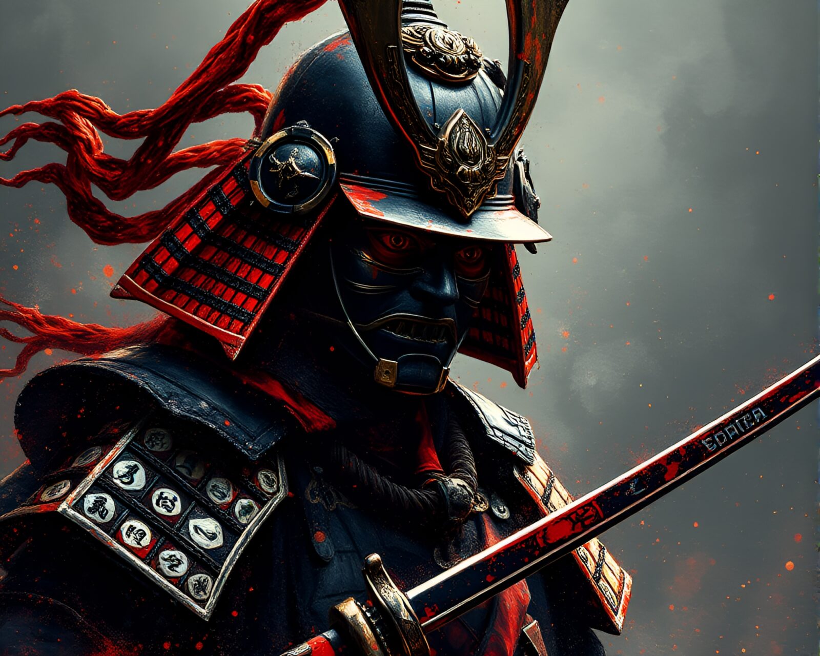 Fantastical depiction of a samurai warrior in dot matrix and glossy finishes