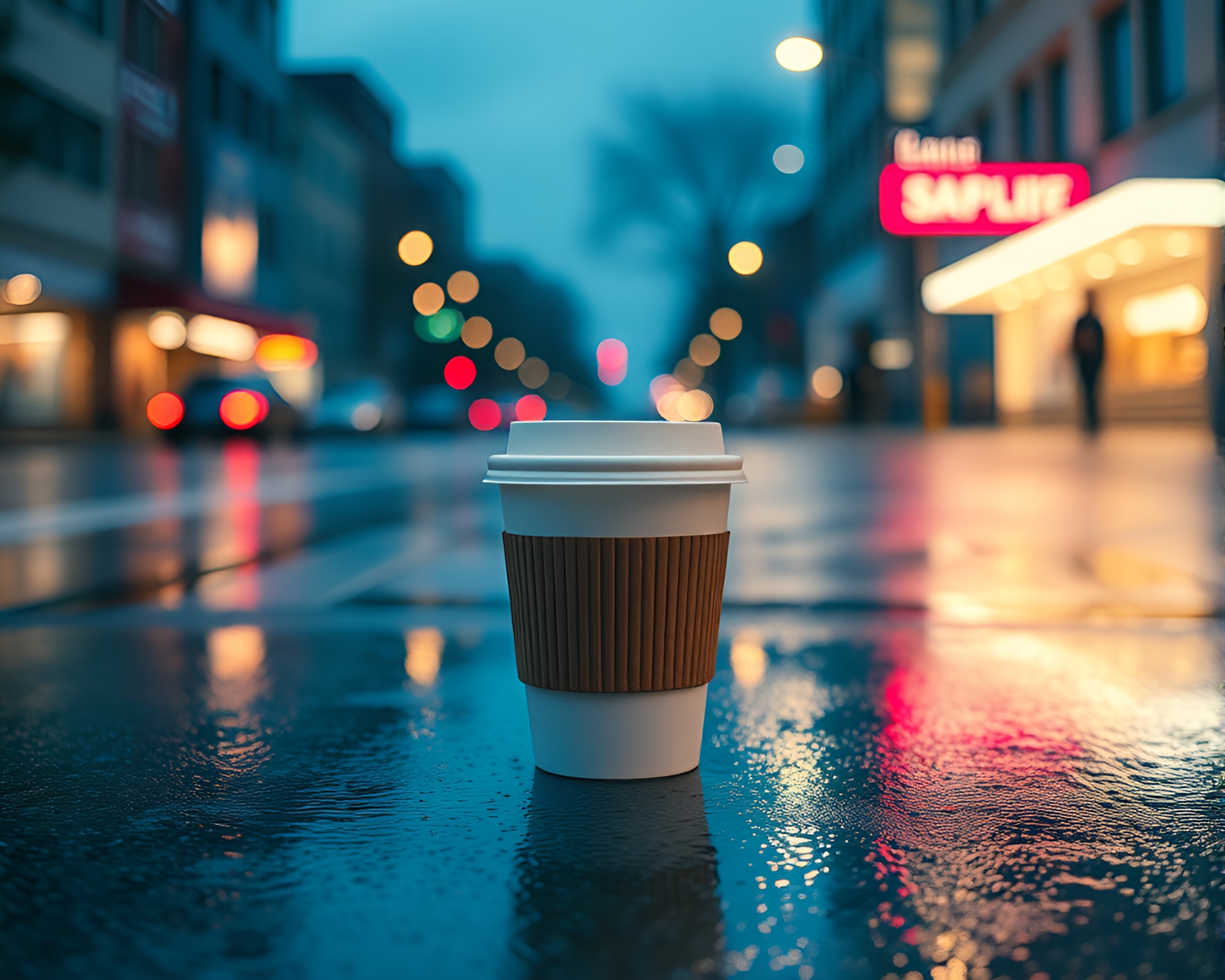 Coffee cup on wet pavement under fluorescent lights – free AI stock image