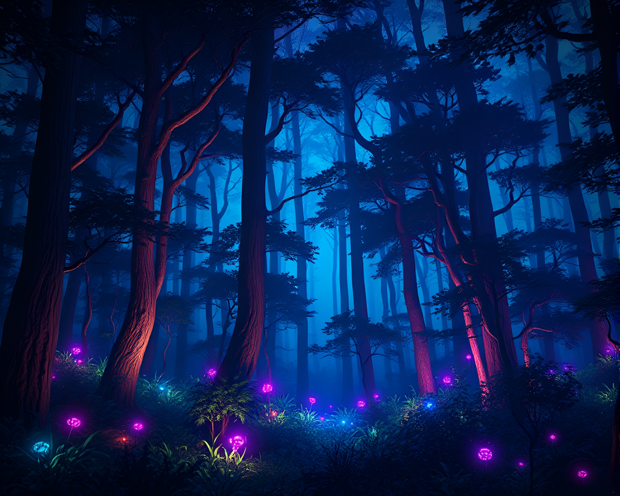 Bioluminescent Forest Glows with Chromatic Aberration Shadows – free AI stock image