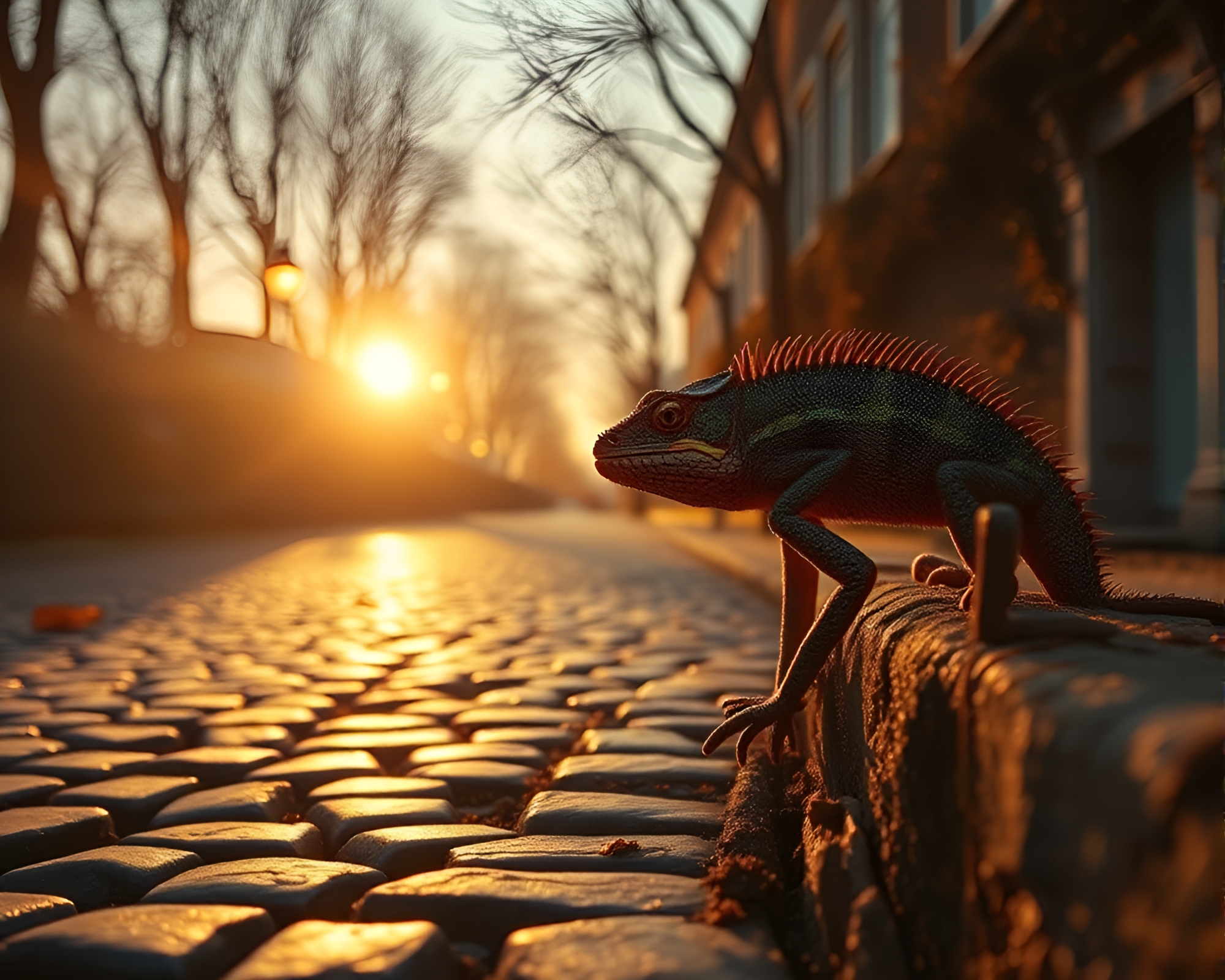 Chameleon blending on cobblestone path with X-ray twist – free AI stock image