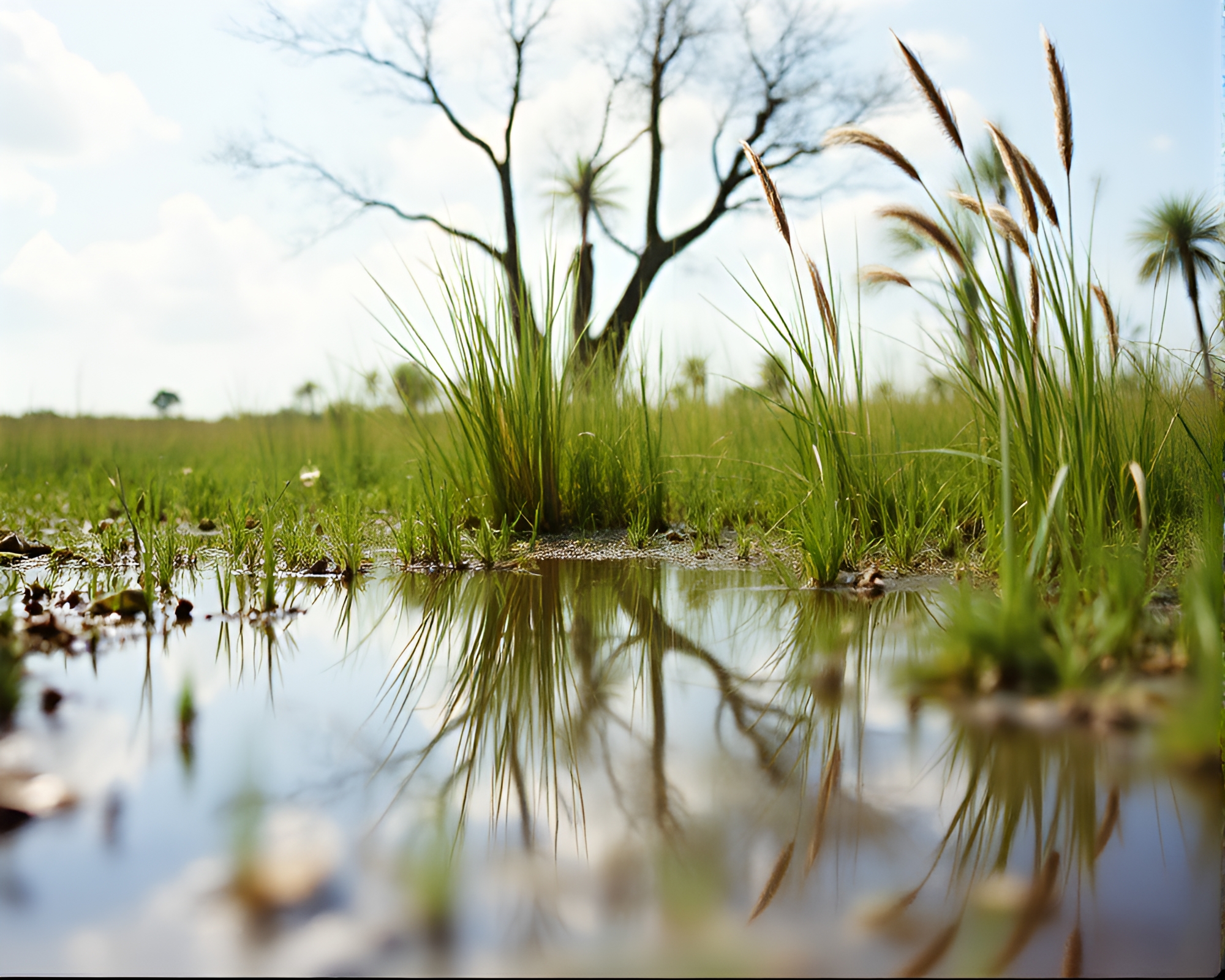 Savannah Grass Puddle Reflection – free AI stock image