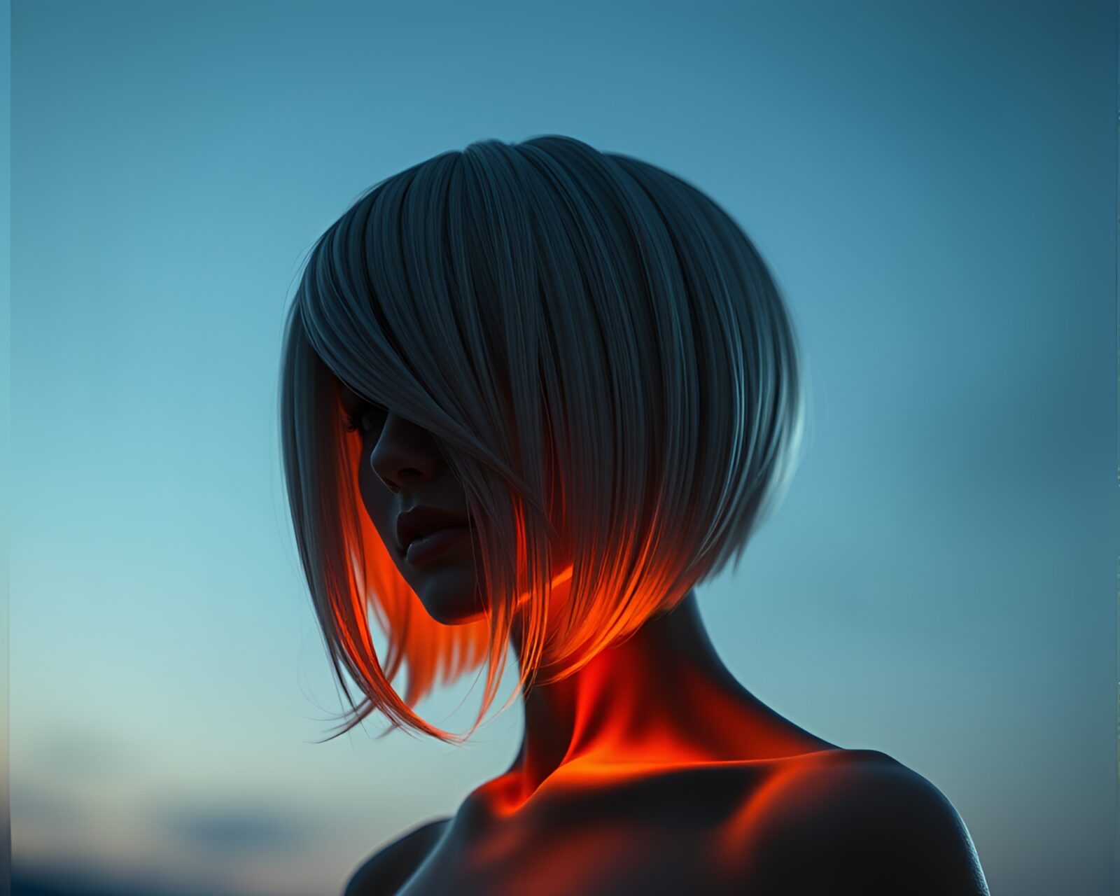 Detailed hair simulation on statue under torchlight glow