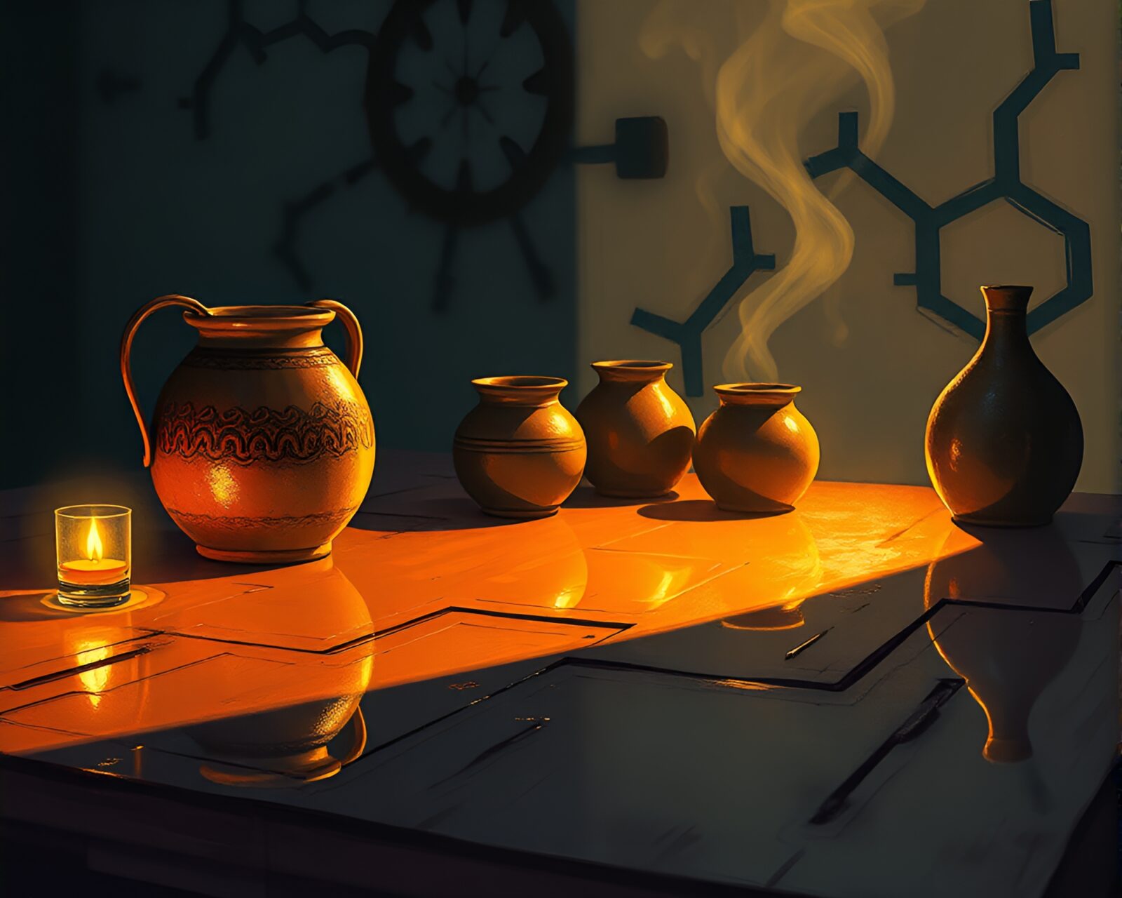 Steampunk-style illustration of rustic pottery reflecting torchlight