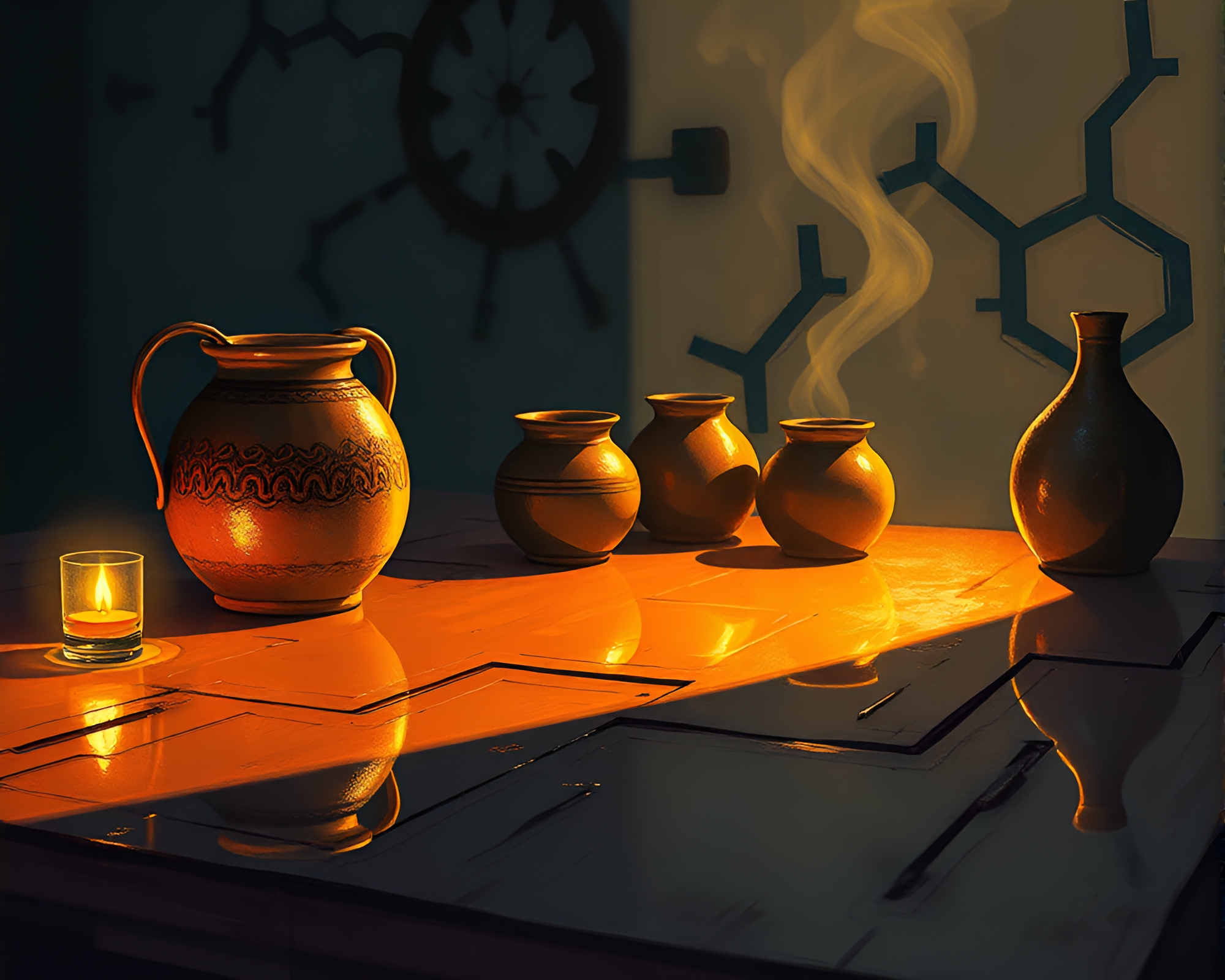 Rustic Pottery Reflected in Steampunk Torchlight Glow – free AI stock image
