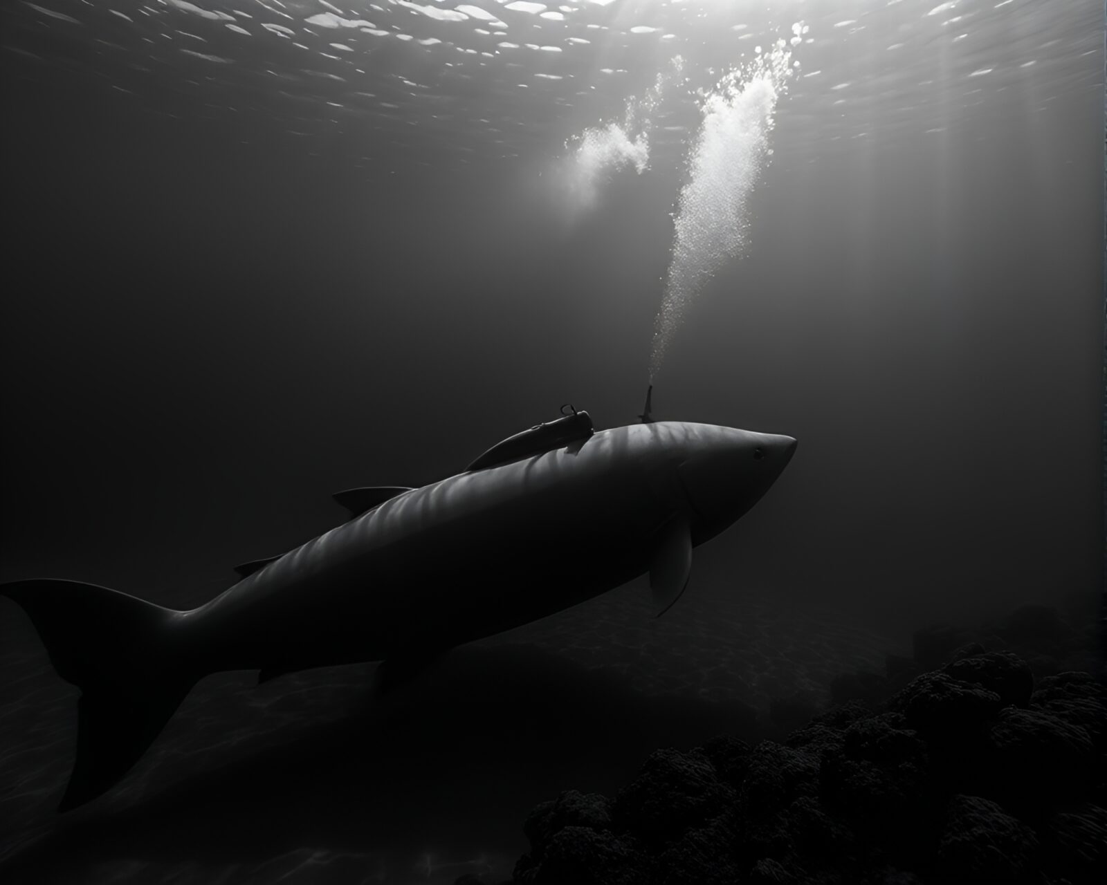 Dark underwater scene with a mysterious submarine in crosshatch shading