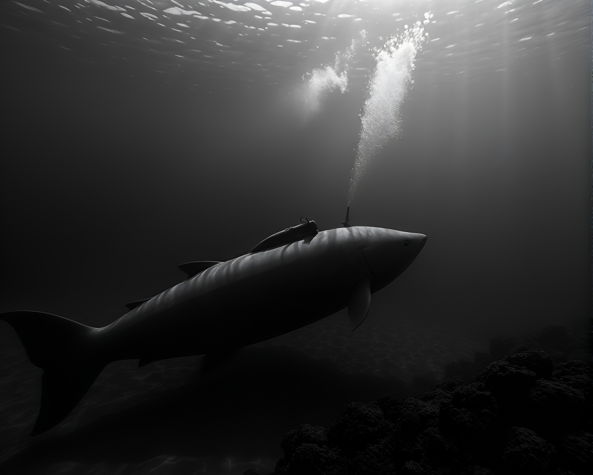 Underwater Submarine Mystery in Crosshatch Noir Style – free AI stock image