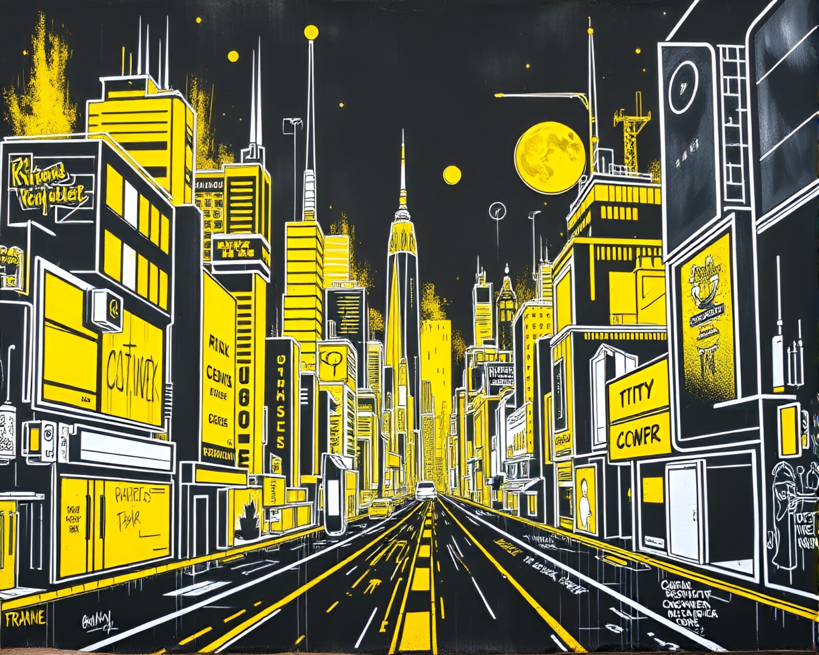 Surreal urban landscape in chalk on yellow backdrop