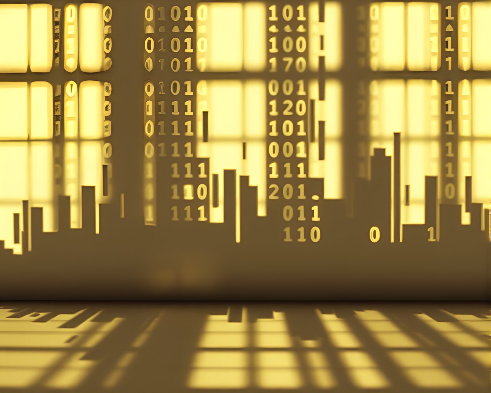 Origami figure casting pixelated shadow in binary code light