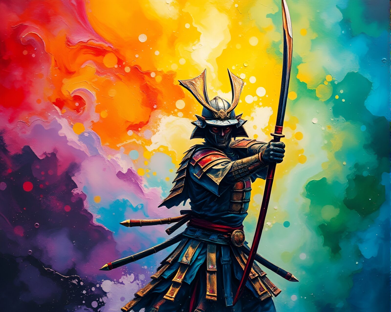 Shimmering samurai warrior in vibrant oil slick colors