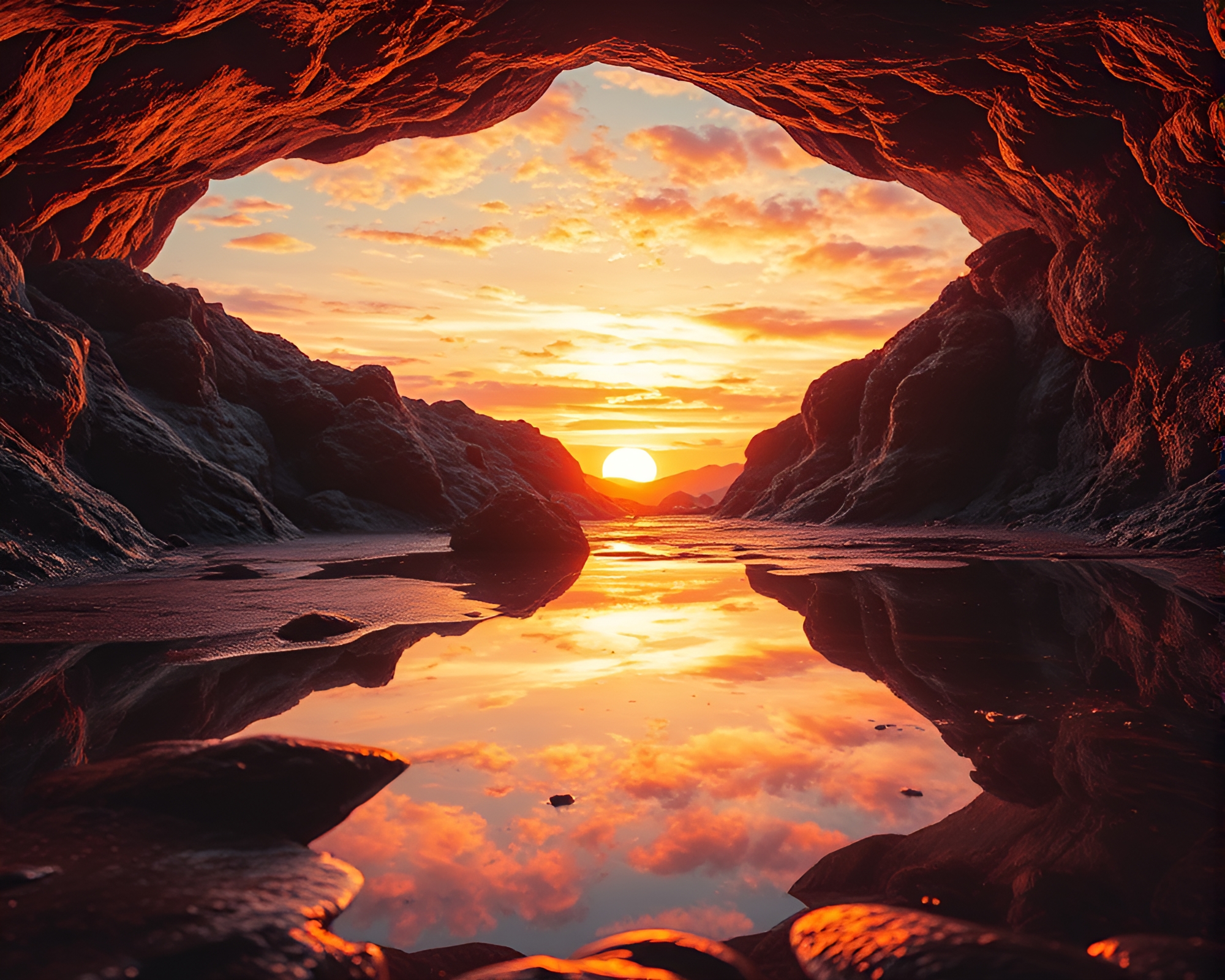 Sunset Cave Reflection in Abstract Generative Art – free AI stock image