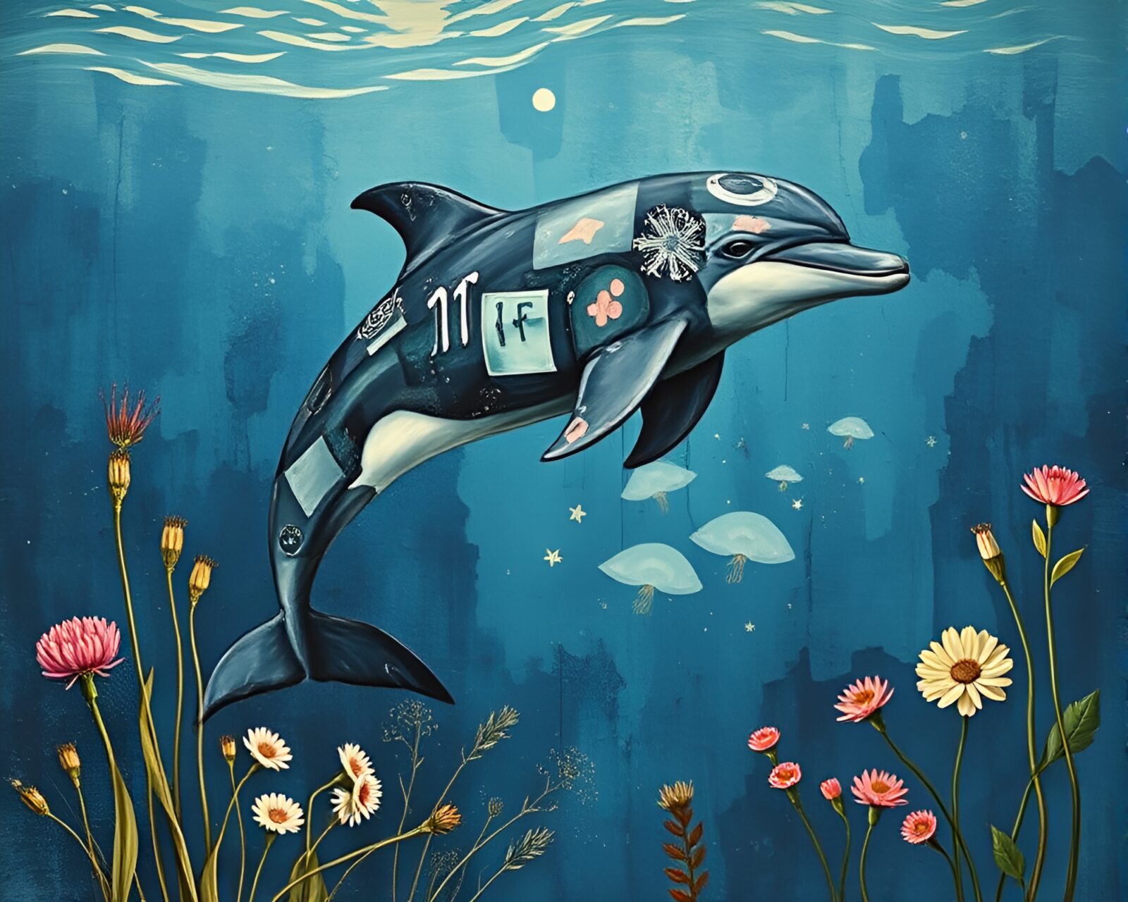 Mysterious dadaist collage of dolphin in indigo hues