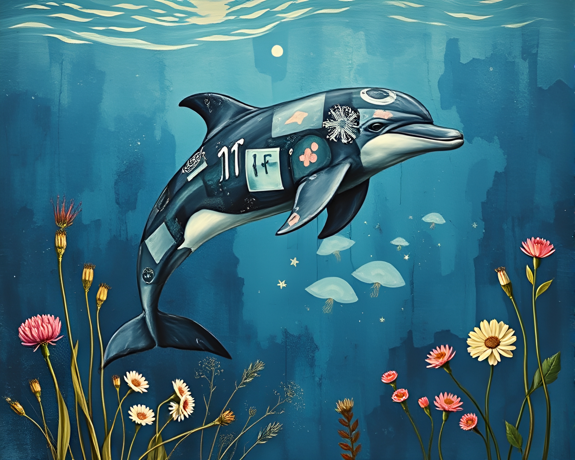 Dolphin Dance: Indigo Mystery Collage – free AI stock image