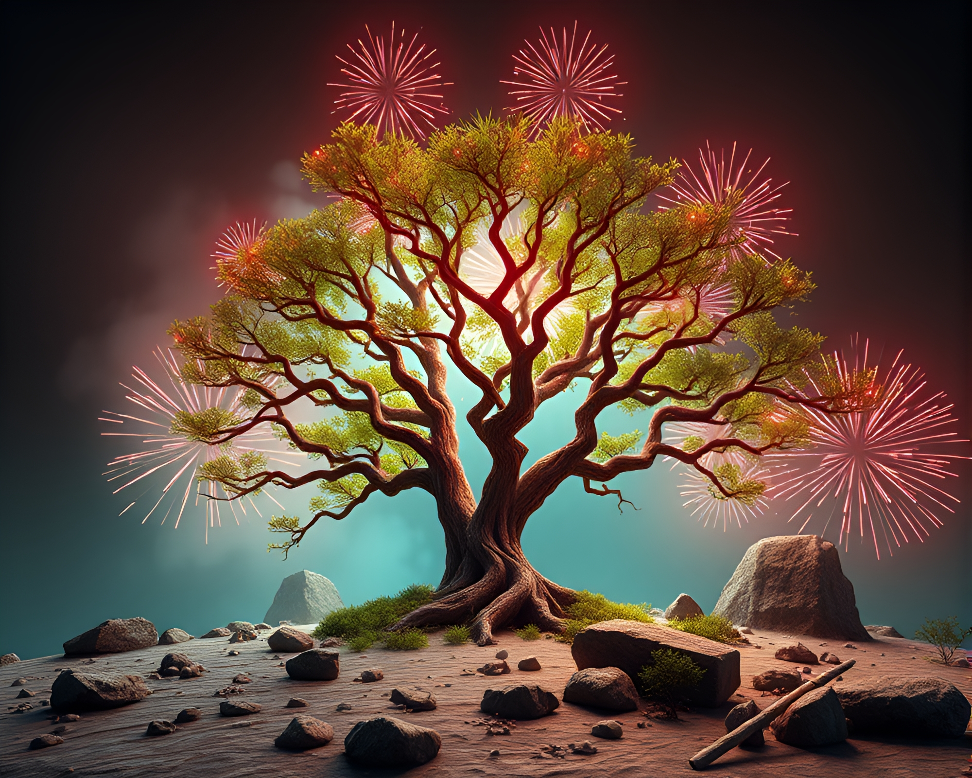 Ancient Tree Fireworks Bursting in Turquoise Calm – free AI stock image