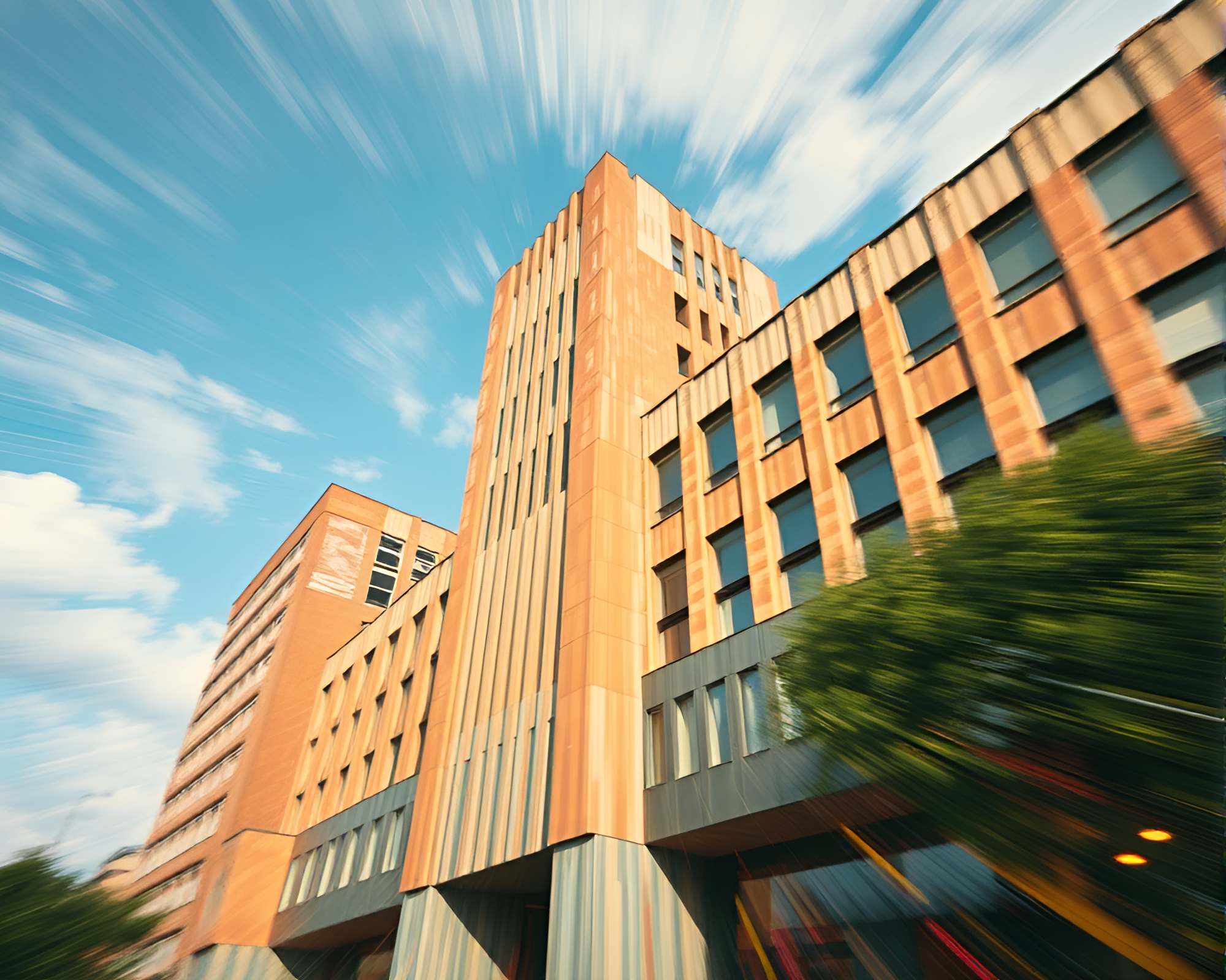 Distorted Kinetic Architecture: Brutalist Building in Washed-Out Hues – free AI stock image