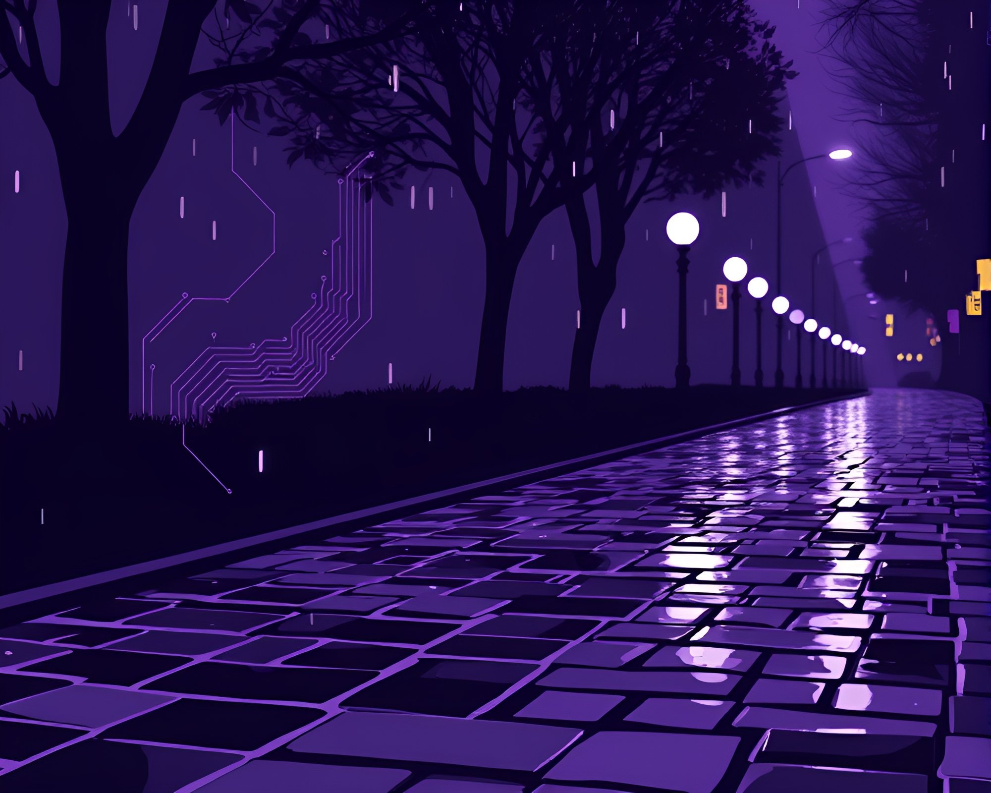 Amethyst Circuit: Silhouette Illustration of Wet Pavement – free AI stock image