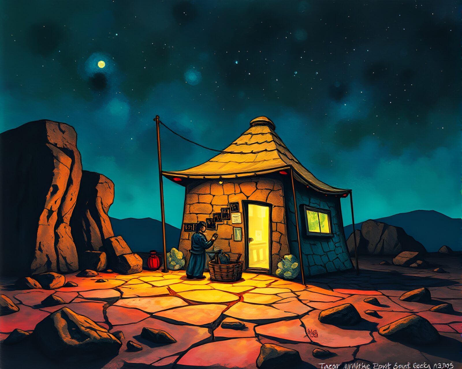 Glowing taco stand in an ink wash desert landscape