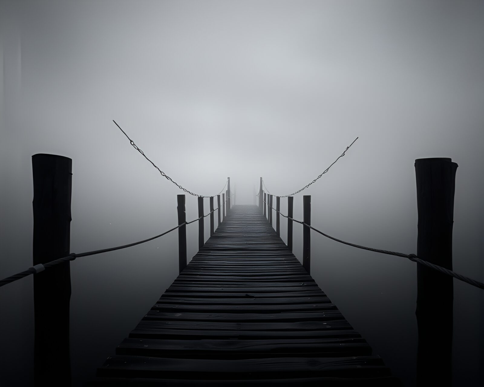 Desaturated Wooden Bridge surrounded by Floating Particles in Fantasy Scene