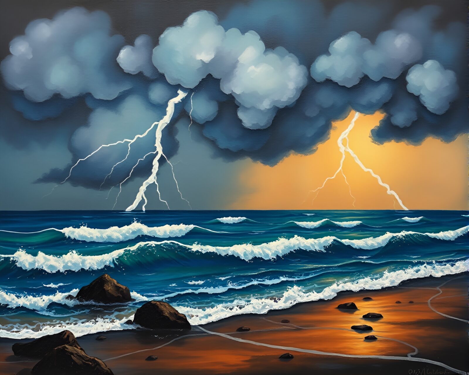 Earth tone gradient fresco of ocean amidst thunderstorm
