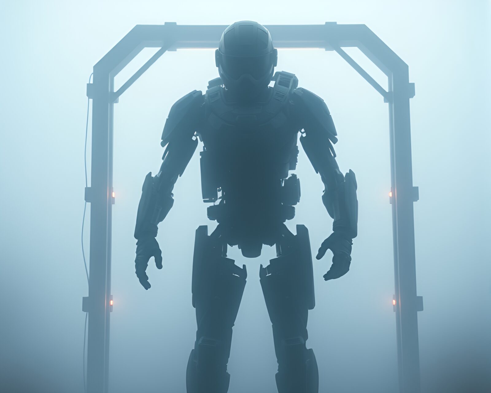 An exoskeleton suit shrouded in fog within a frame