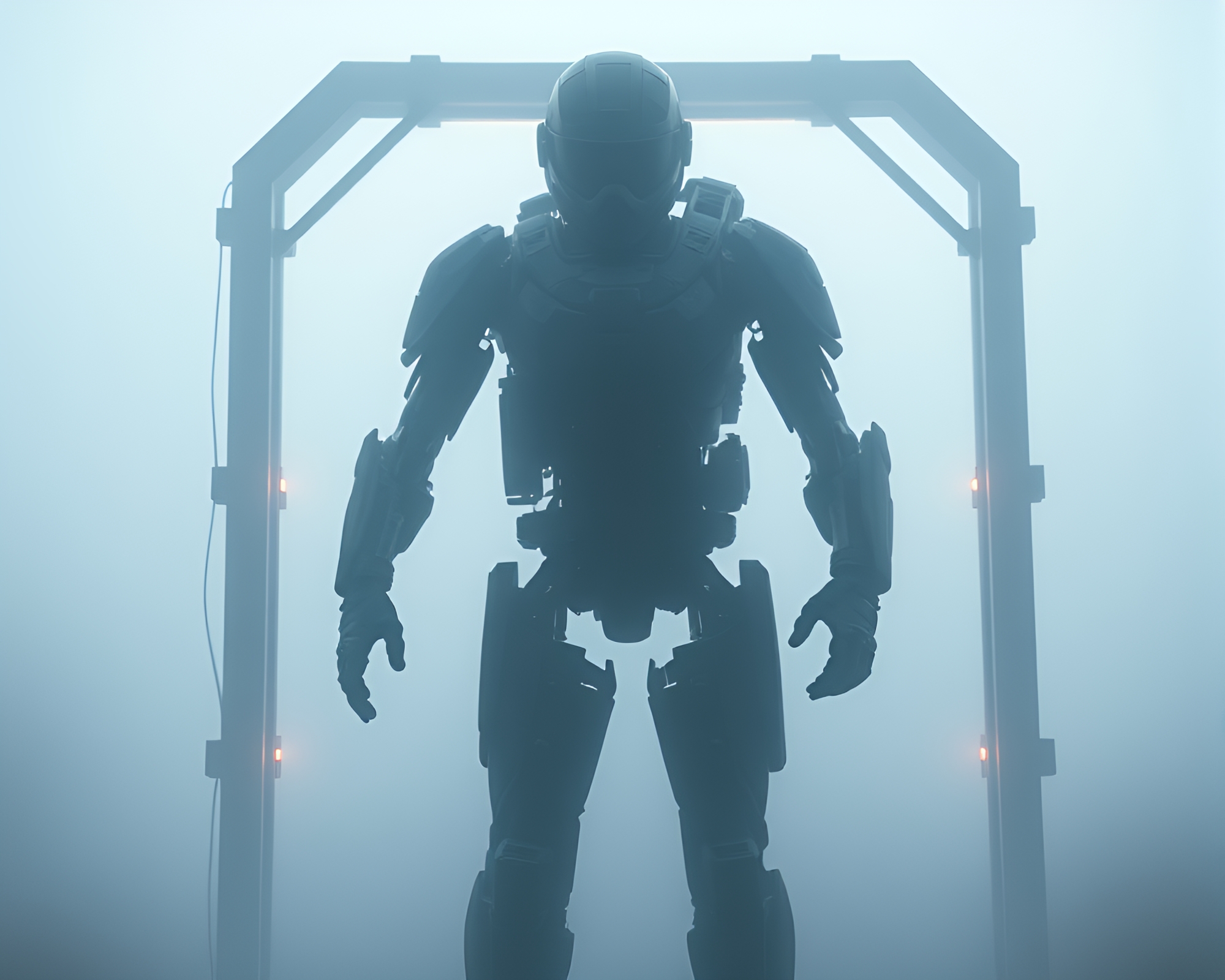 Exoskeleton Suit in a Mysterious Frame within Fog – free AI stock image