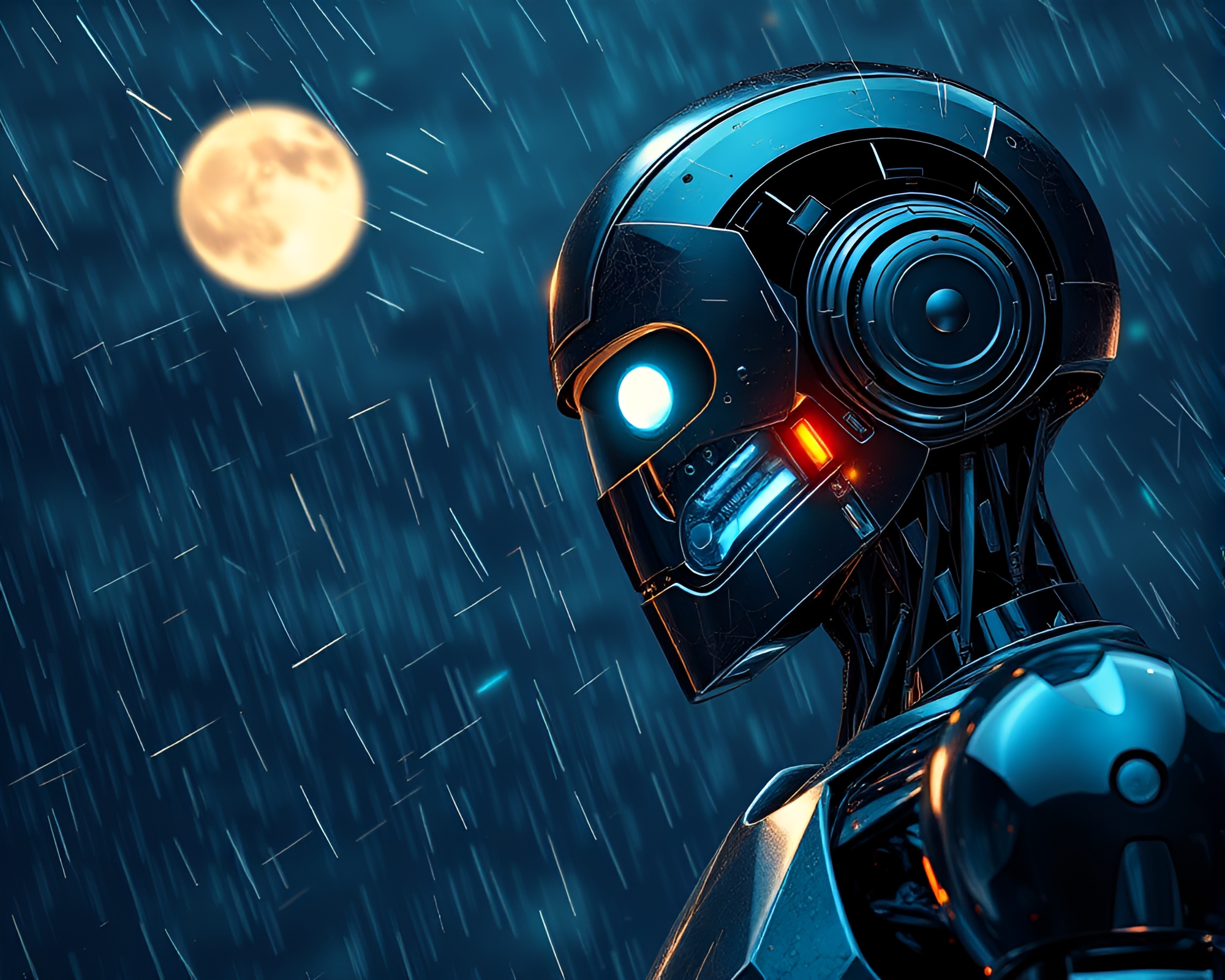 Moonlit Robot Encounter with Metallic Scratches – free AI stock image