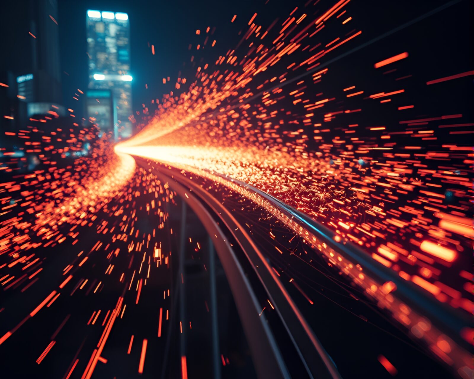Dynamic 3D scan of a glowing monorail with sparkler trails