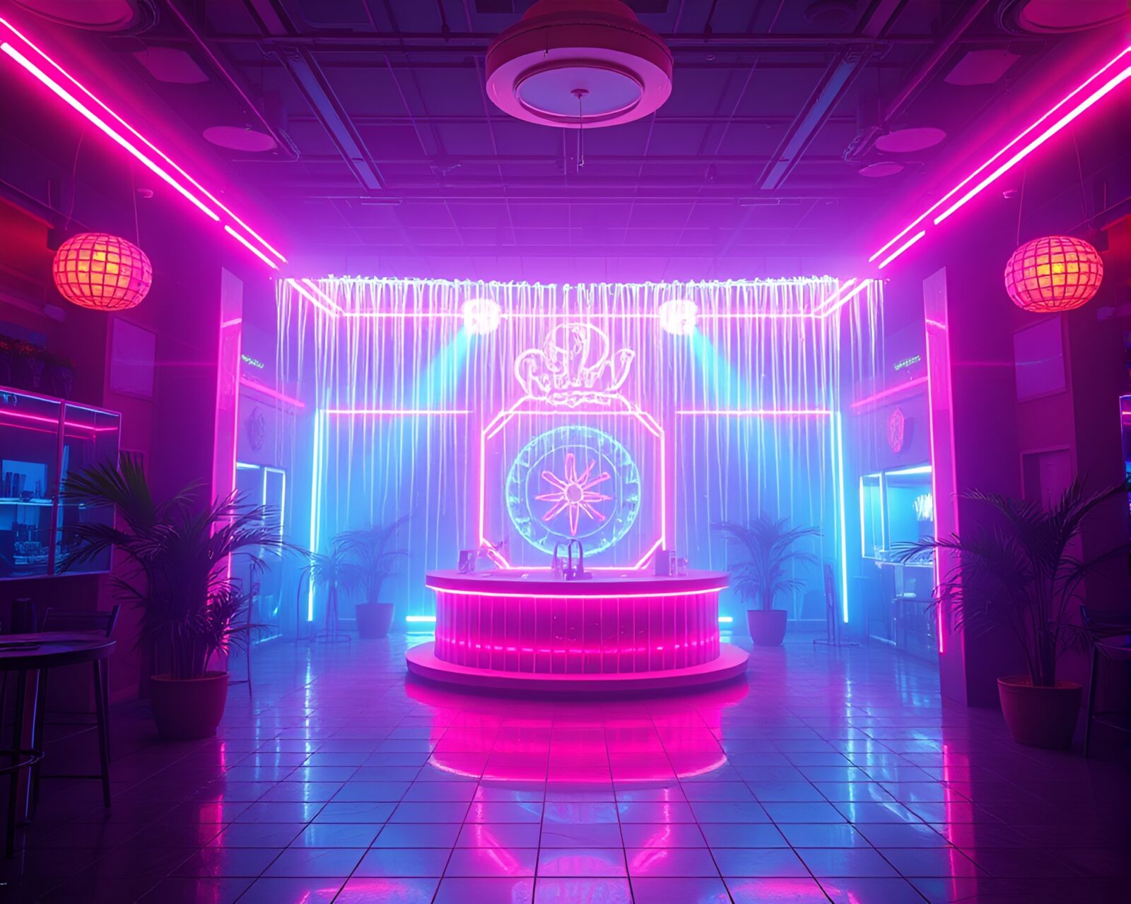 Futuristic neon wireframe hot spring under ultraviolet club lights