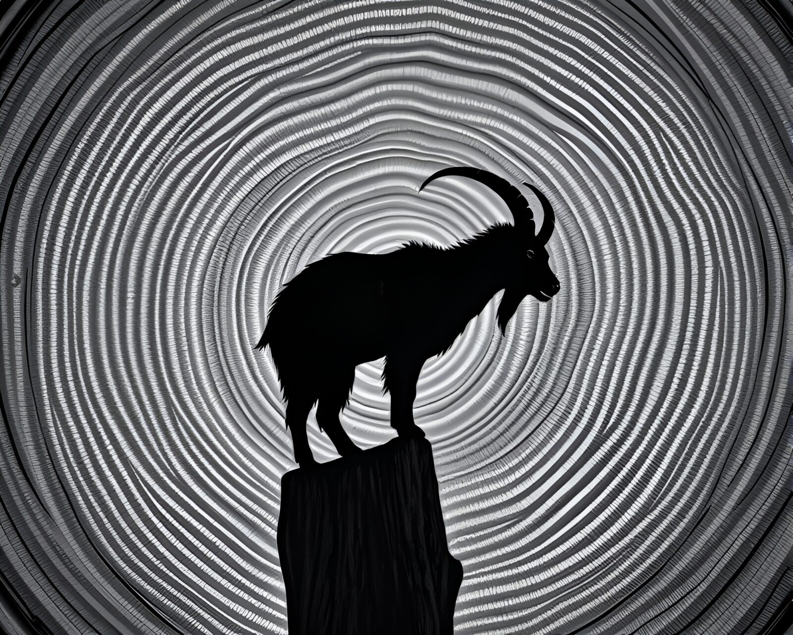 Breathtaking monochrome scene of a mountain goat in unique tree ring pattern landscape