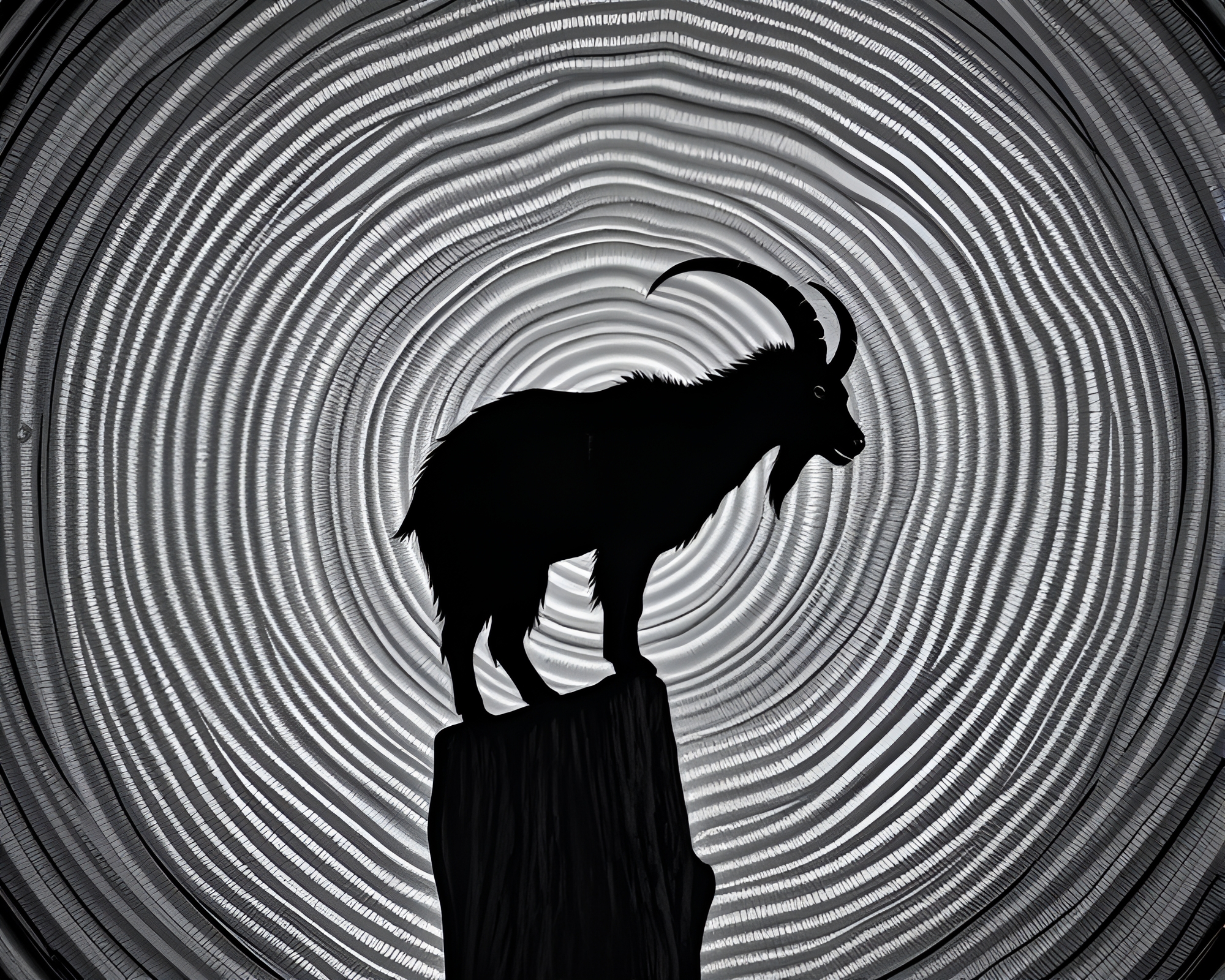 Majestic Mountain Goat in Monochrome Tree Ring Setting – free AI stock image