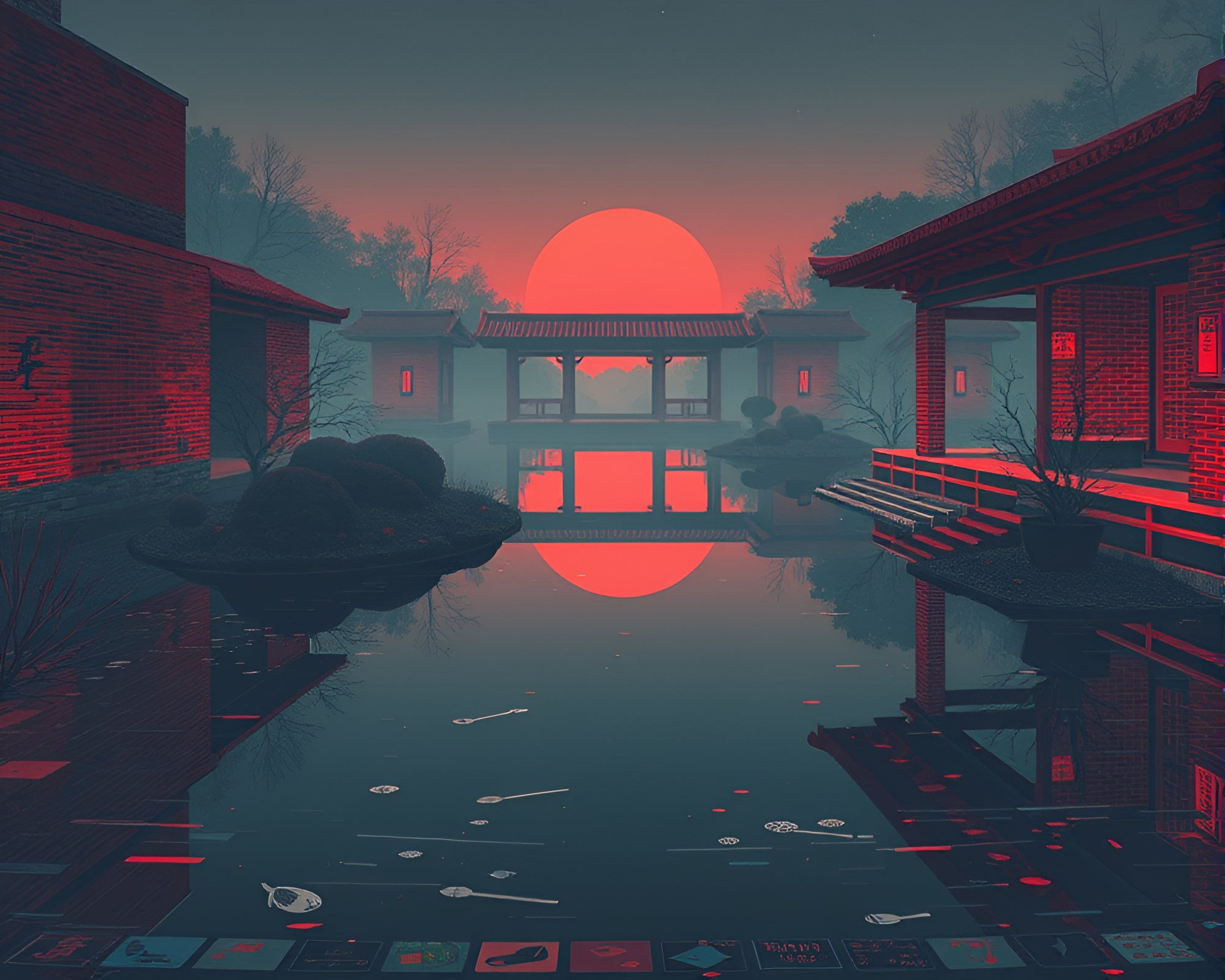 Zen Cyberpunk Reflections in Brick Red Depth – free AI stock image