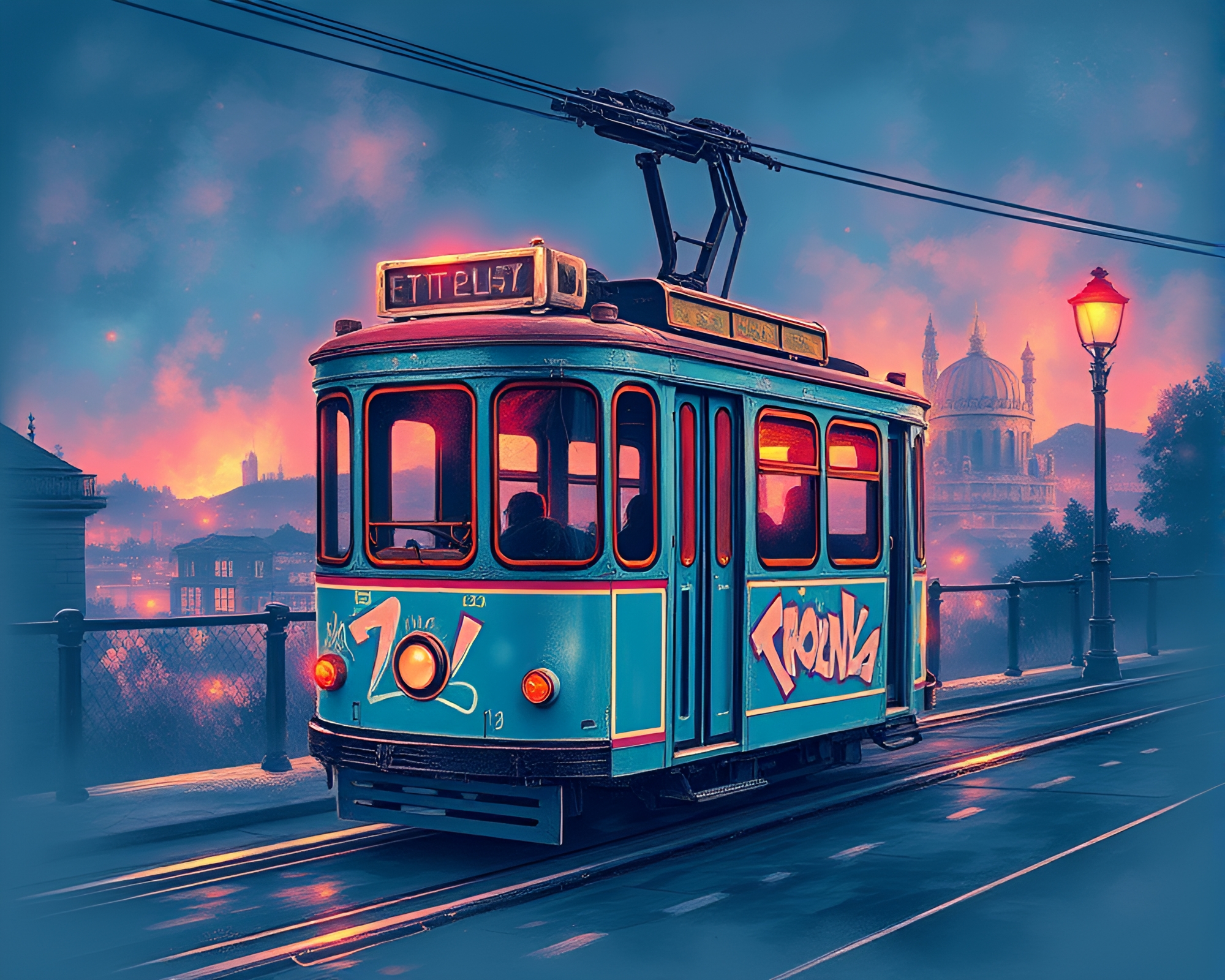 Floating Embers Over Pastel Graffiti Cable Car Blueprint – free AI stock image