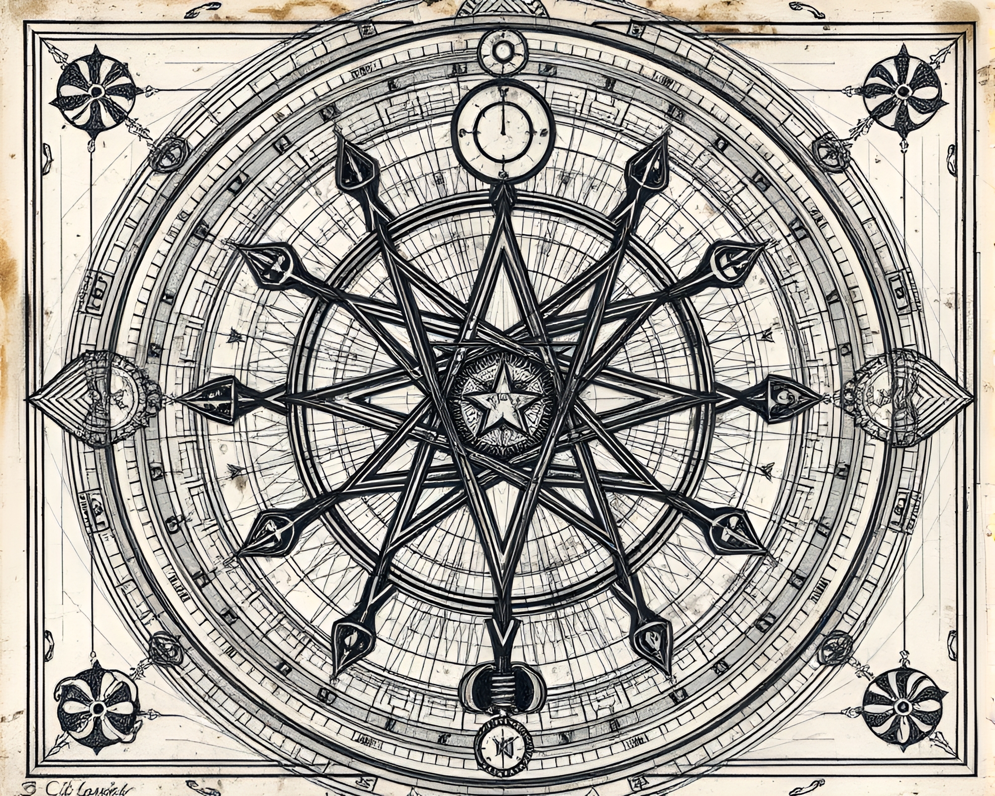Alchemical Symbols Among Etching Grisaille Compositions – free AI stock image