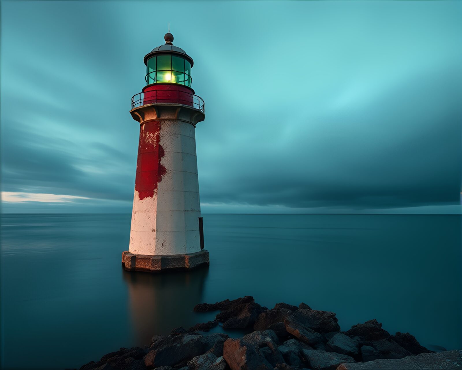 Soft focus image of a mysterious abandoned lighthouse reflecting emerald green highlights on the water