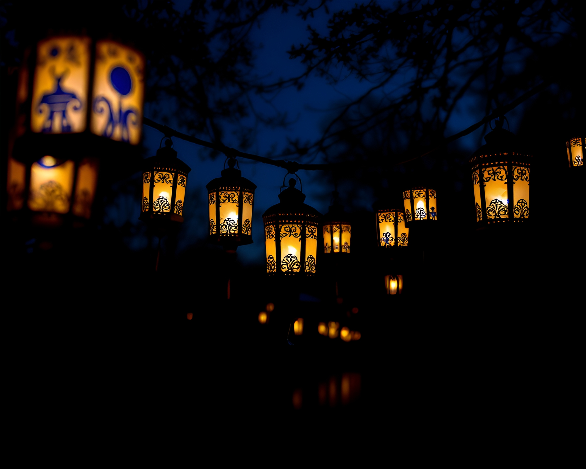 Enchanting Silhouette of Floating Lanterns in Cobalt Blue Sky – free AI stock image