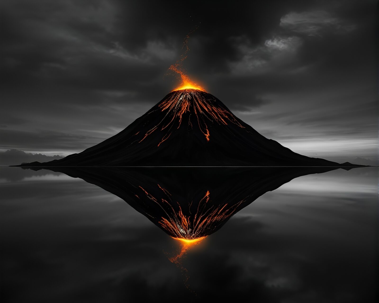 A stunning line art depiction of a volcanic island reflecting in water with dramatic lighting