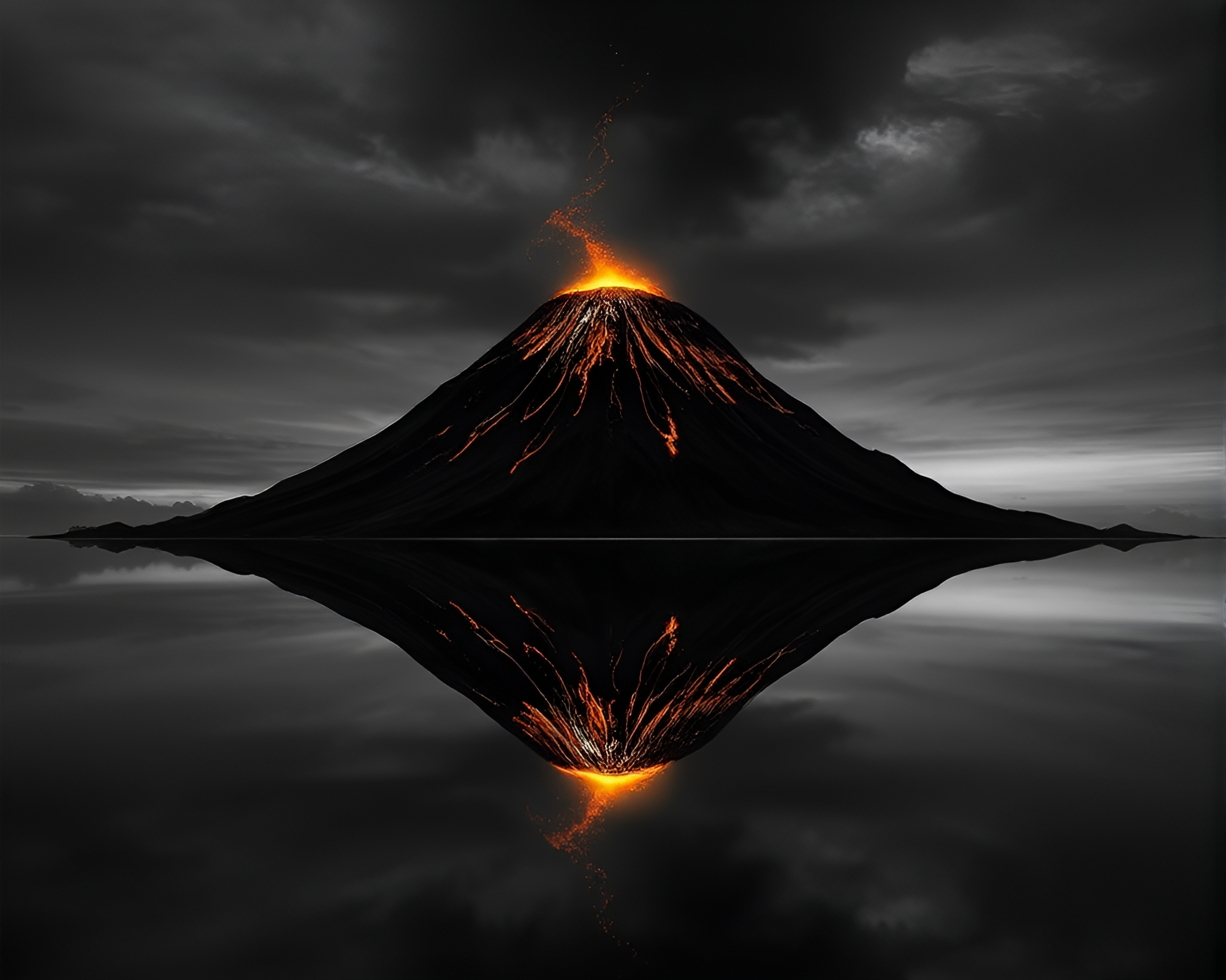 Dramatic Volcanic Island Double Reflection Line Art – free AI stock image
