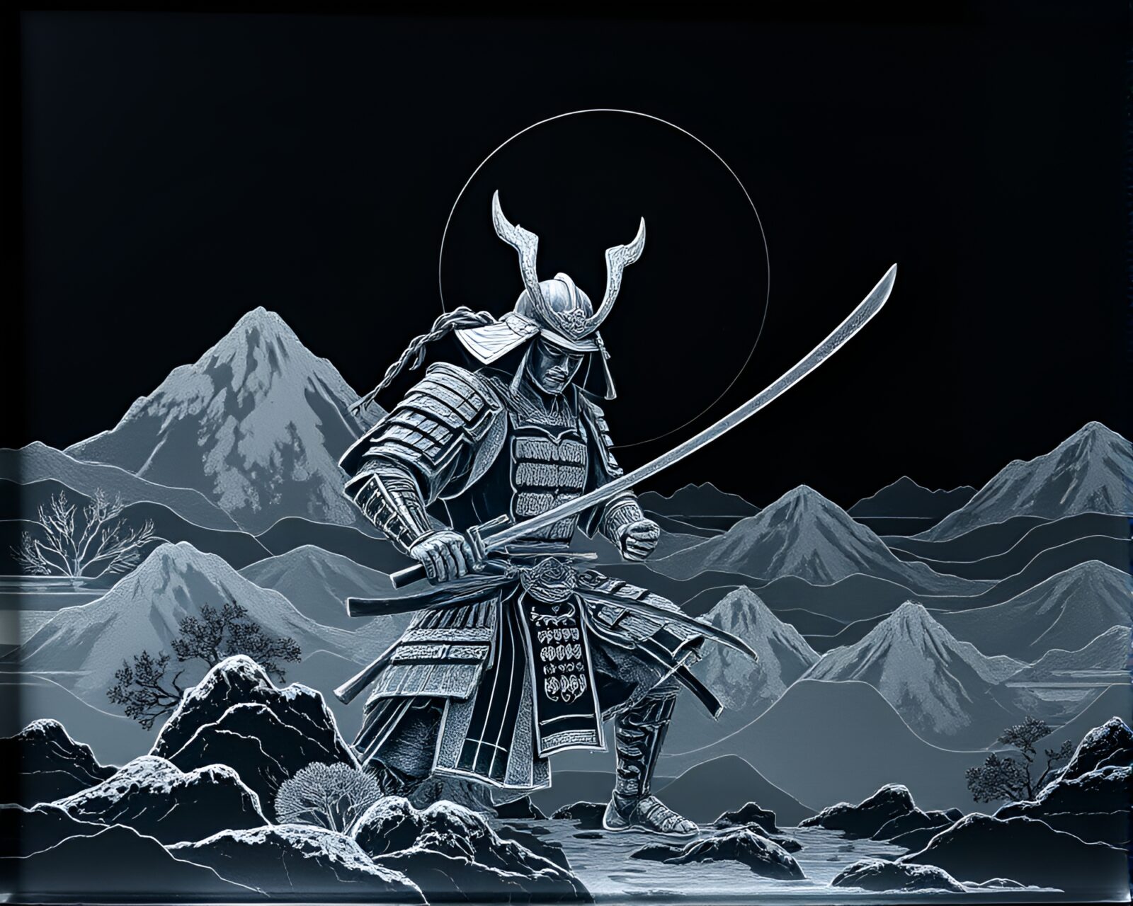 Majestic samurai warrior in surreal silver leaf landscape