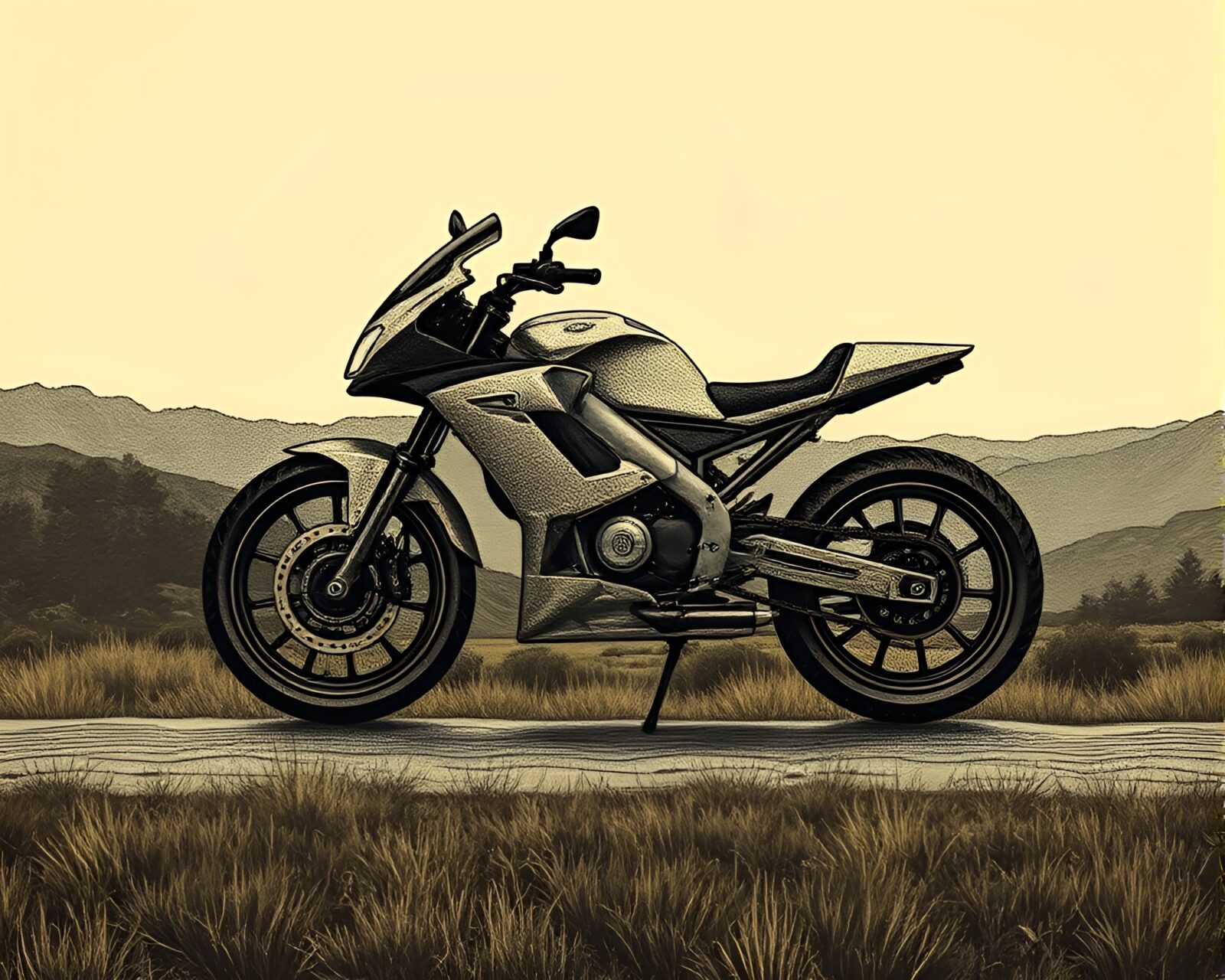 Medium shot of a hoverbike in a matte, etched landscape.