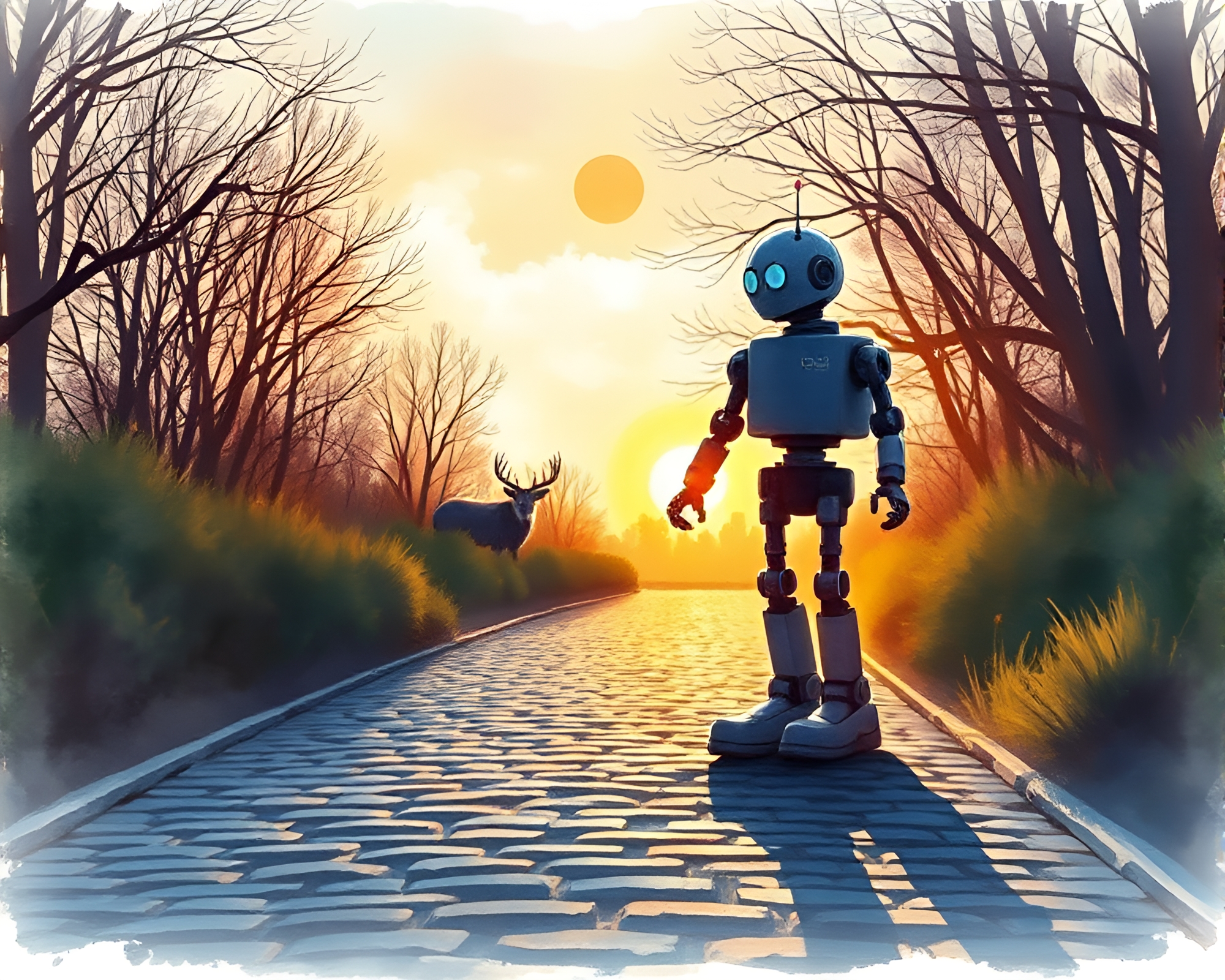 Robotic Wildlife Watercolor: Backlit Silhouette on Cobblestone Path – free AI stock image