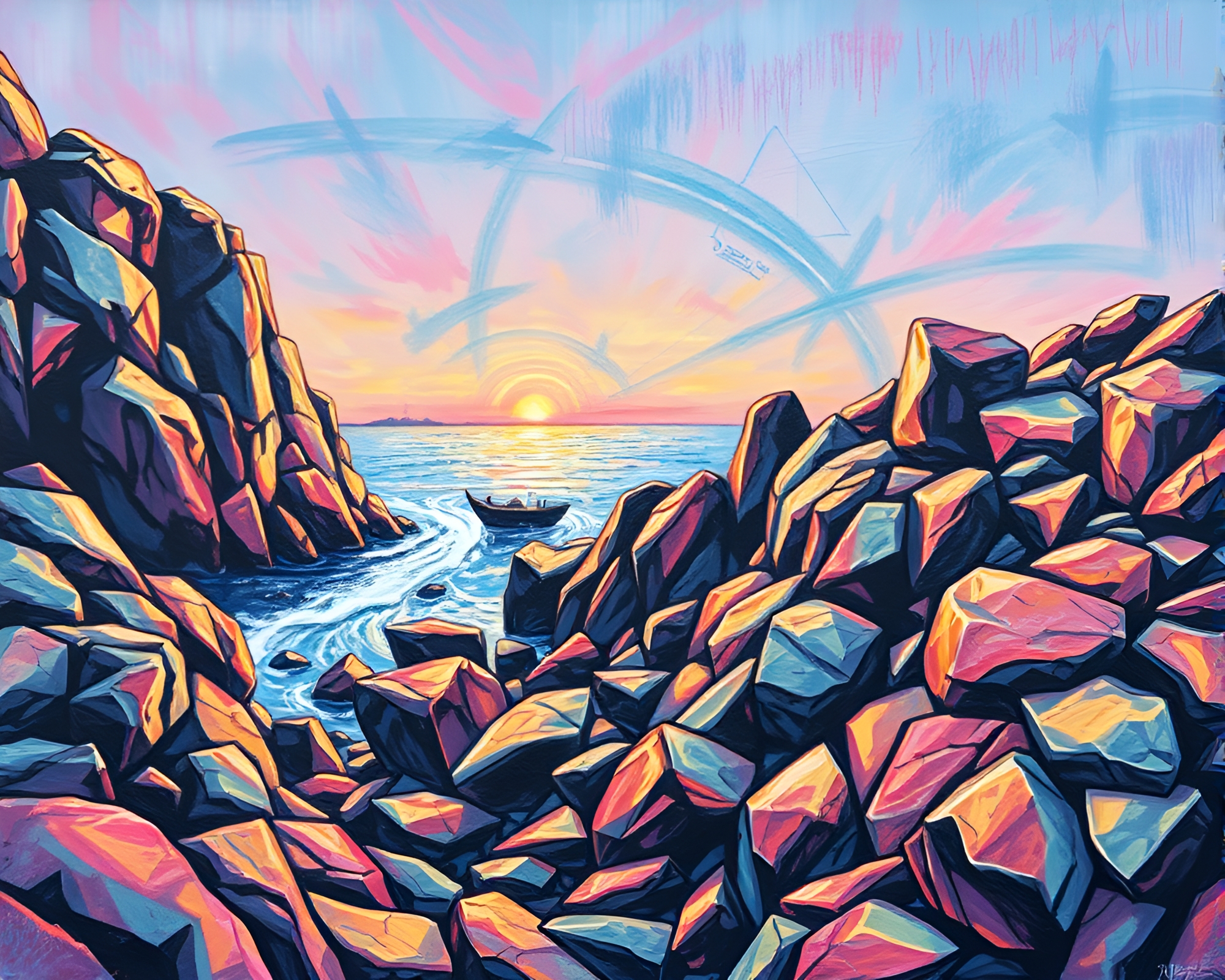 Conté Crayon Rocky Coastline Graffiti Mural – free AI stock image