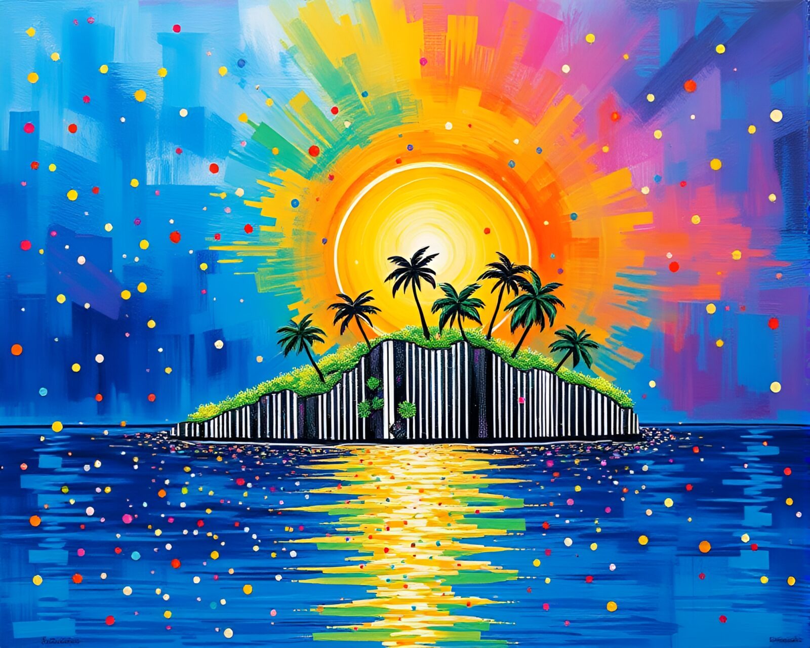 Colorful confetti burst on tropical island with barcode stripes