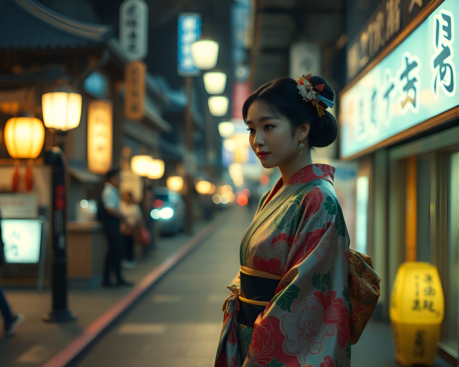 Elegant silk kimono with glowing streetlamp in abstract calligraphy art