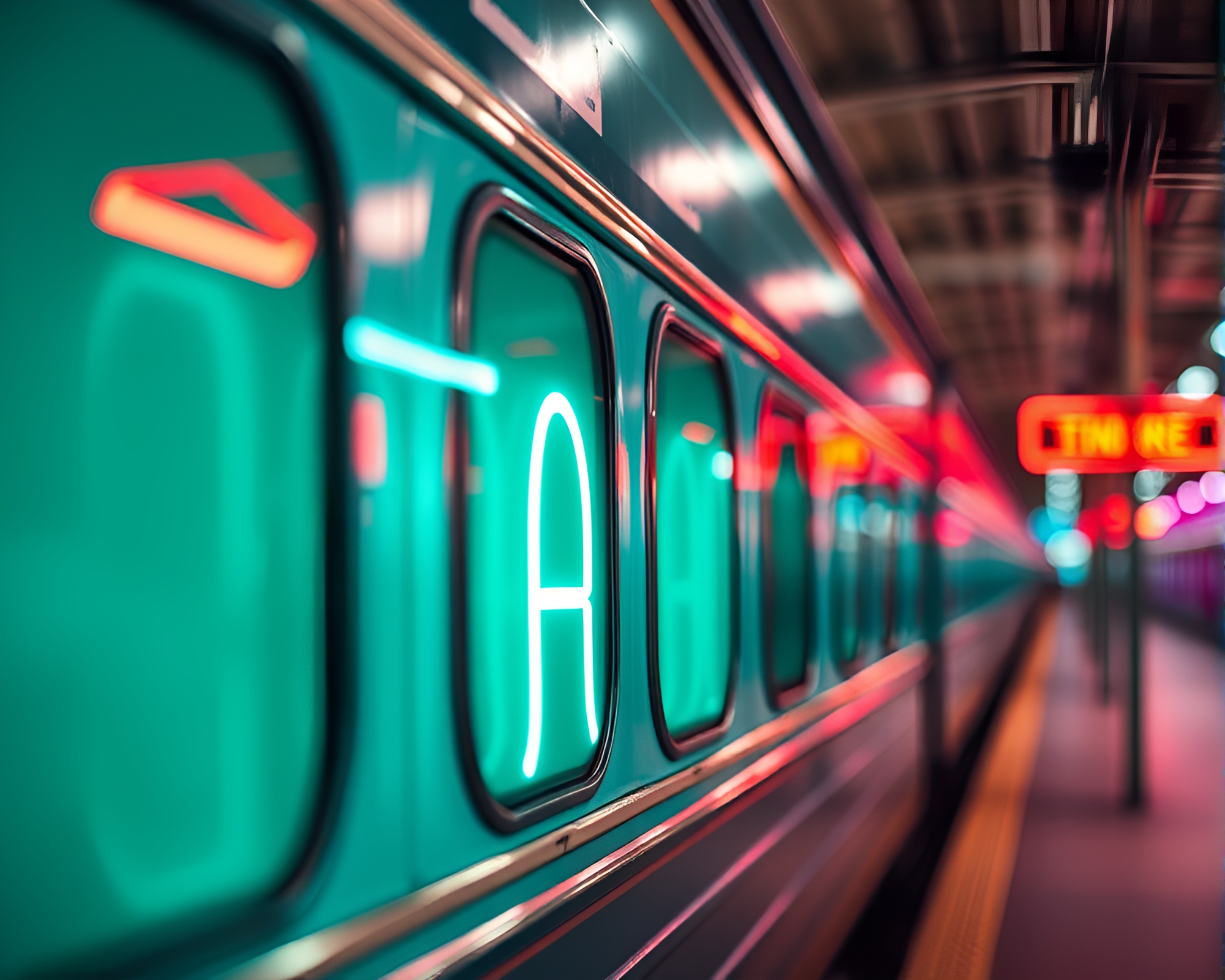 Teal Train Station Neon Macro Detail – free AI stock image