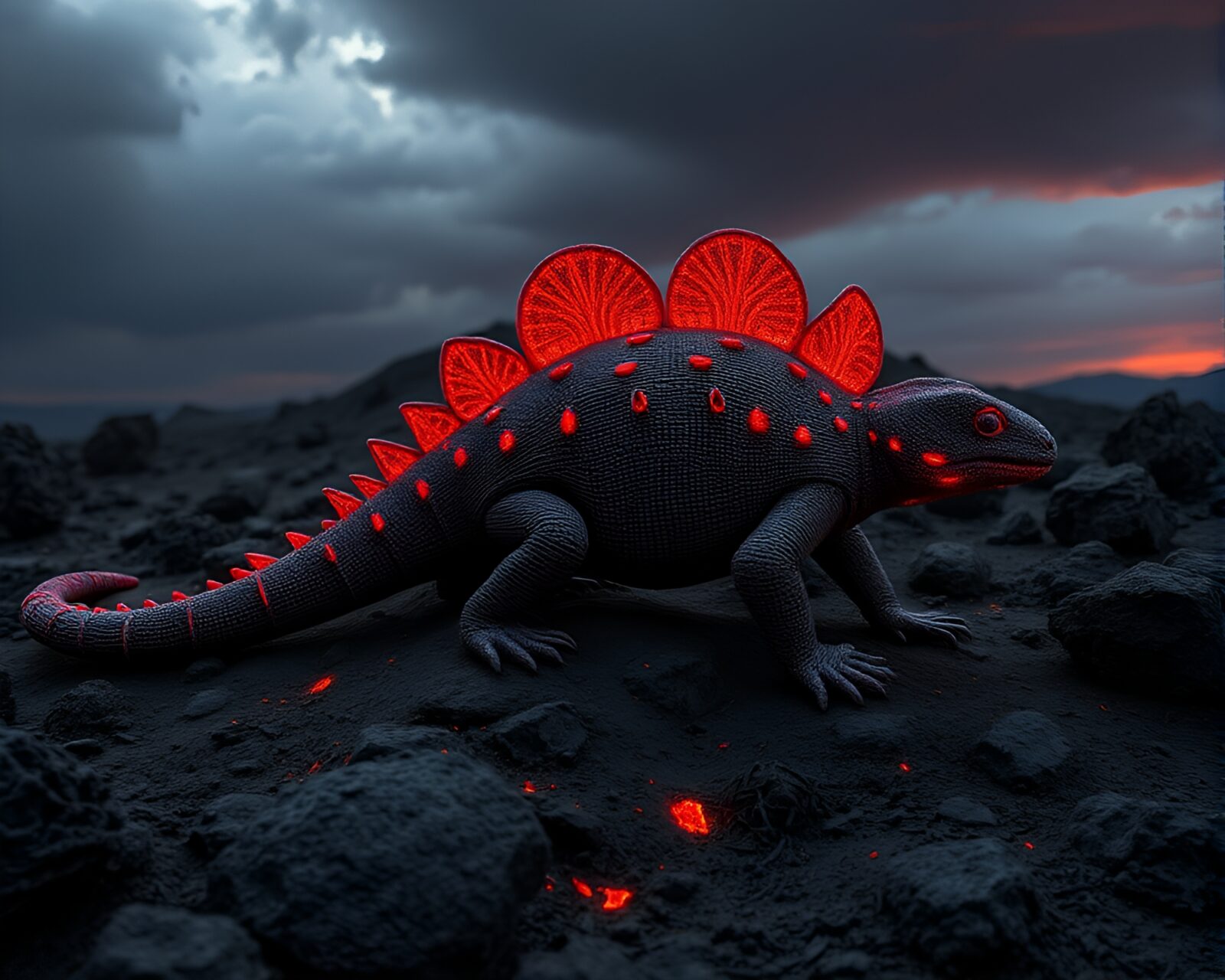 Digital artwork of armadillo in cloth simulation with volcano light