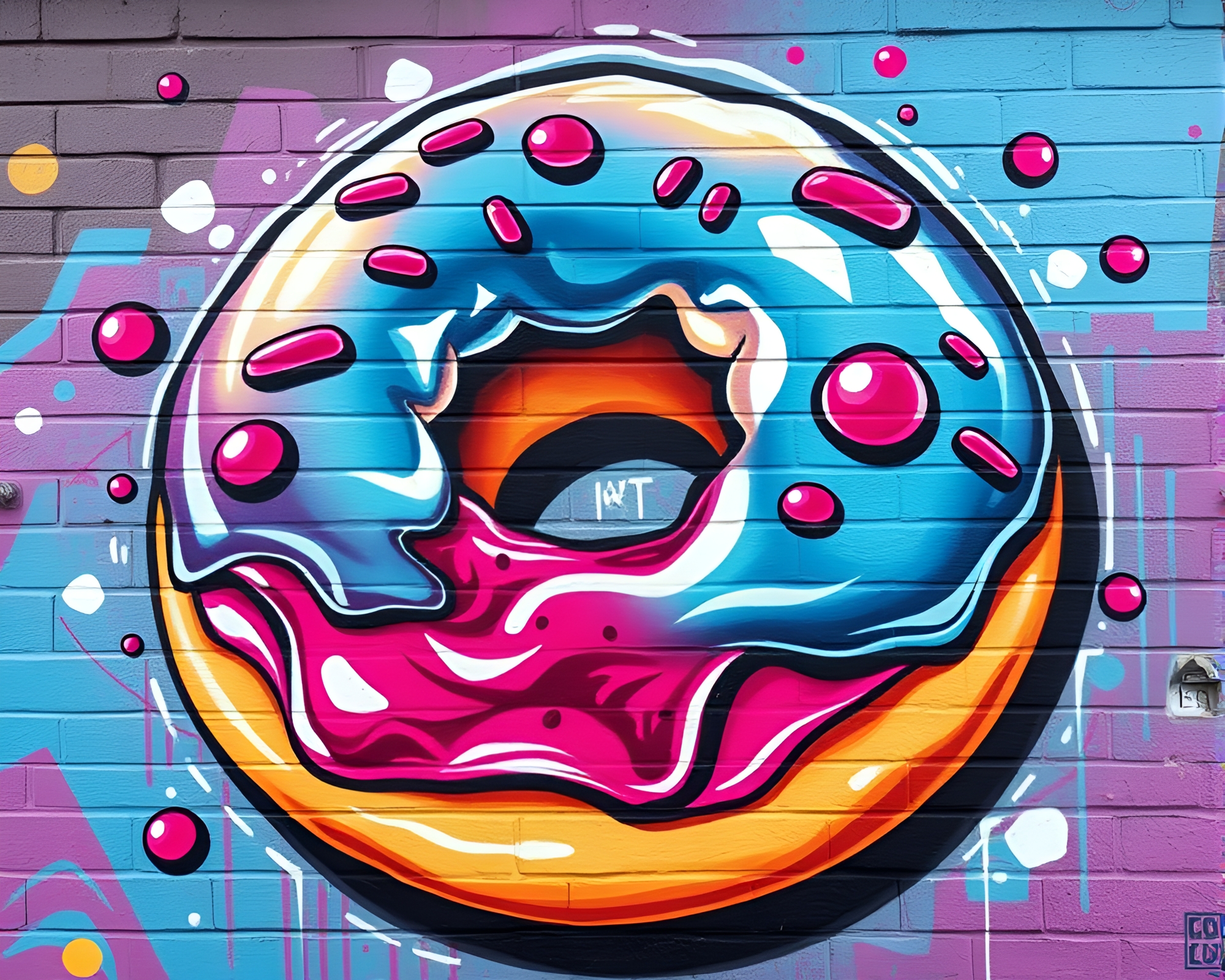 Gelatinous Delight: Metallic Line Art Donut Mural Graffiti – free AI stock image