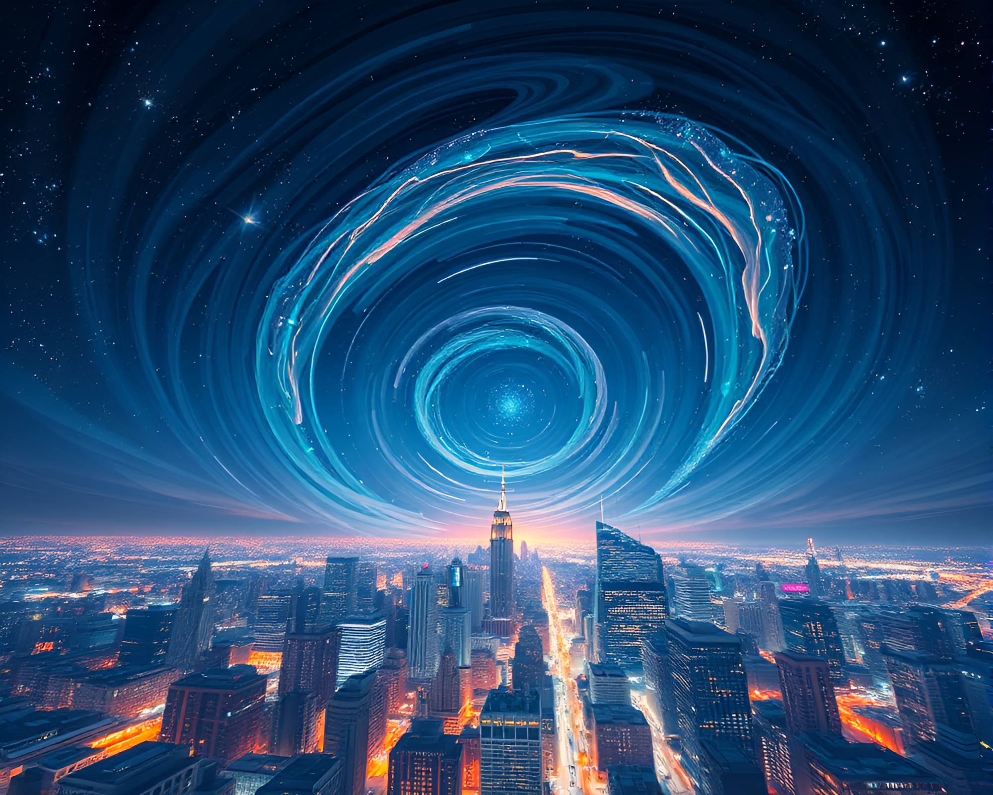 Virtual Cityscape in Starlit Sky with Swirling Vortex – free AI stock image